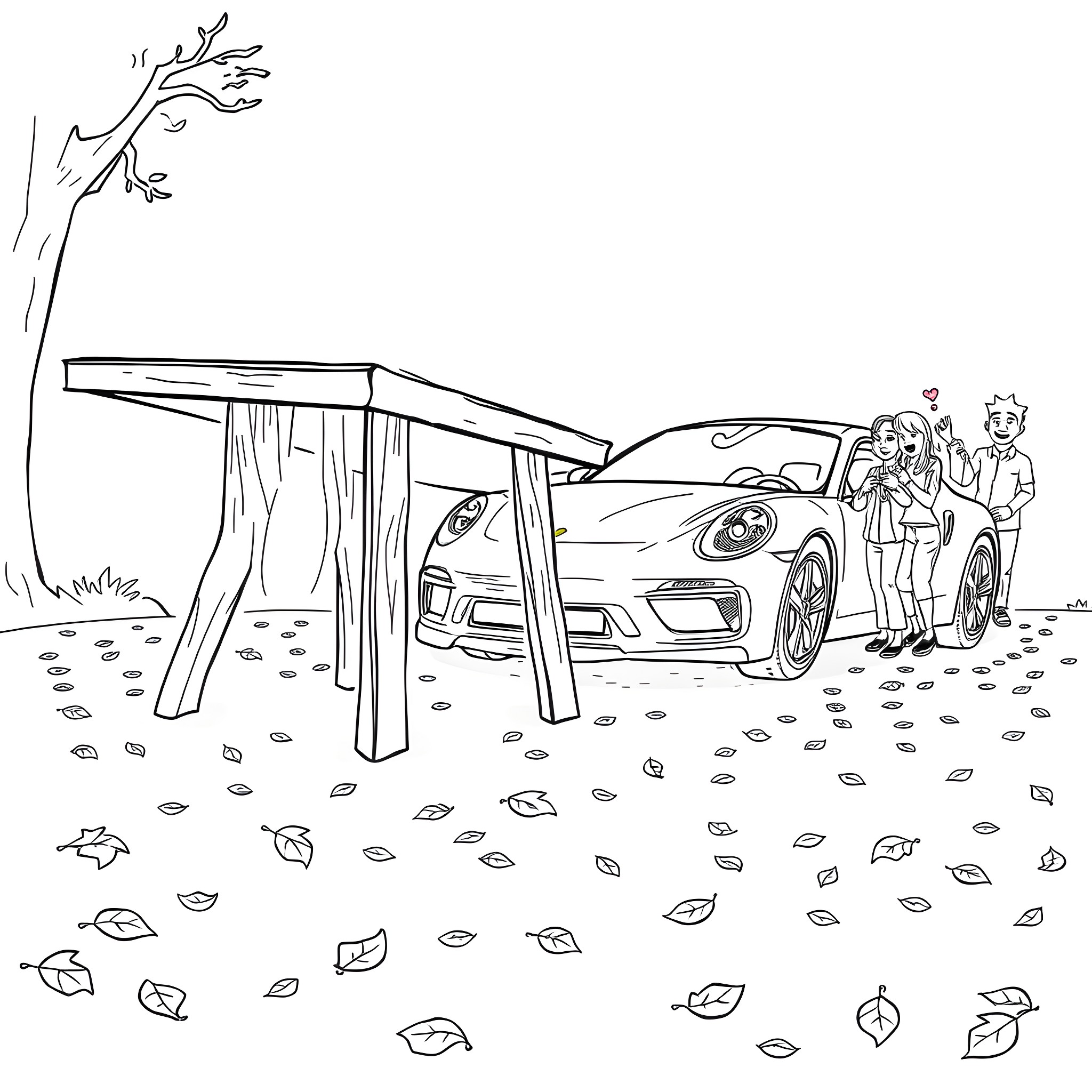 Table With Fallen Leaves and Sports Car Coloring Page (free black-and-white line drawing printable PDF for all, from beginners to advanced learners, including children, teens, adults, and seniors)