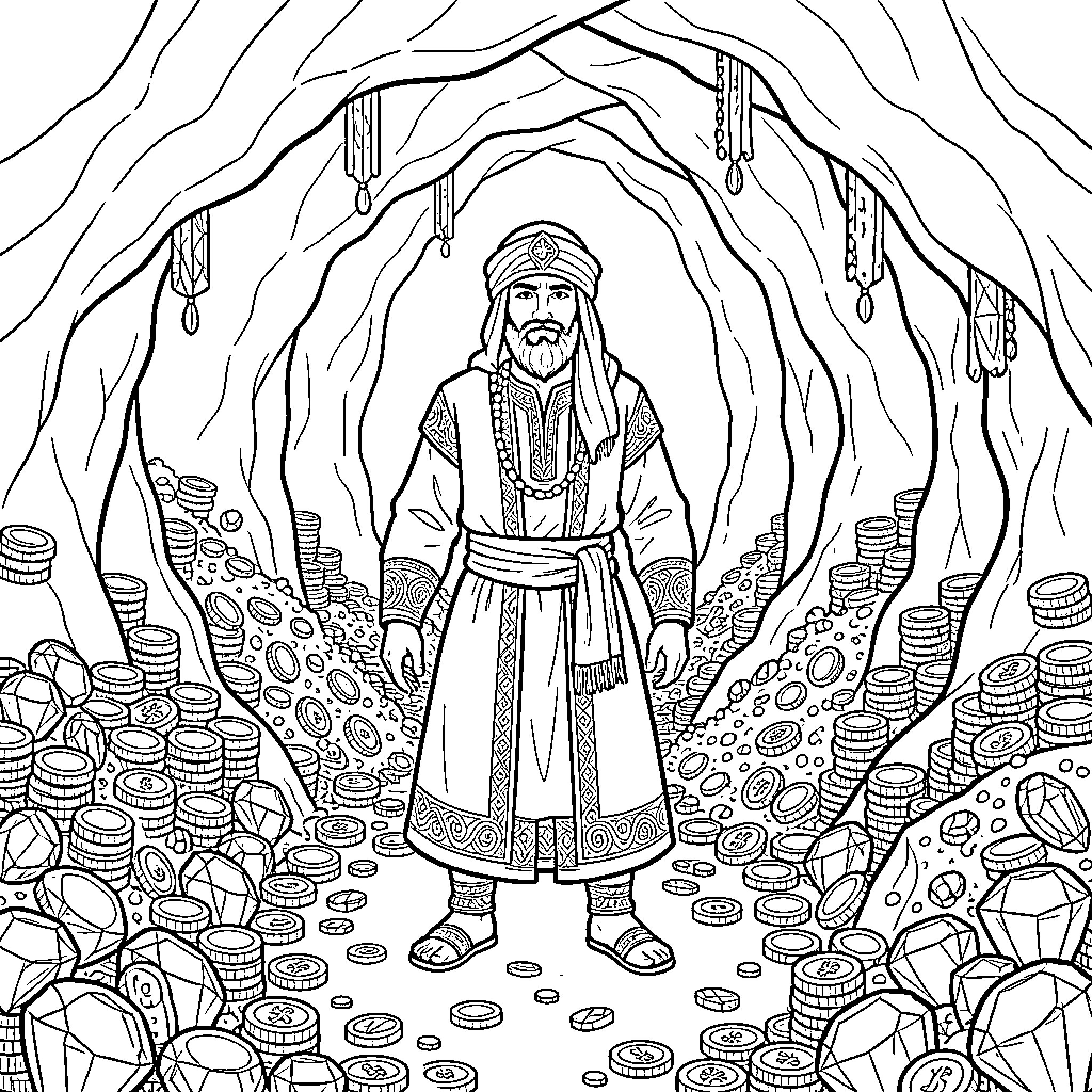 Ali Baba standing amidst piles of gold and jewels Coloring Page (free black-and-white line drawing printable PDF for all, from beginners to advanced learners, including children, teens, adults, and seniors)