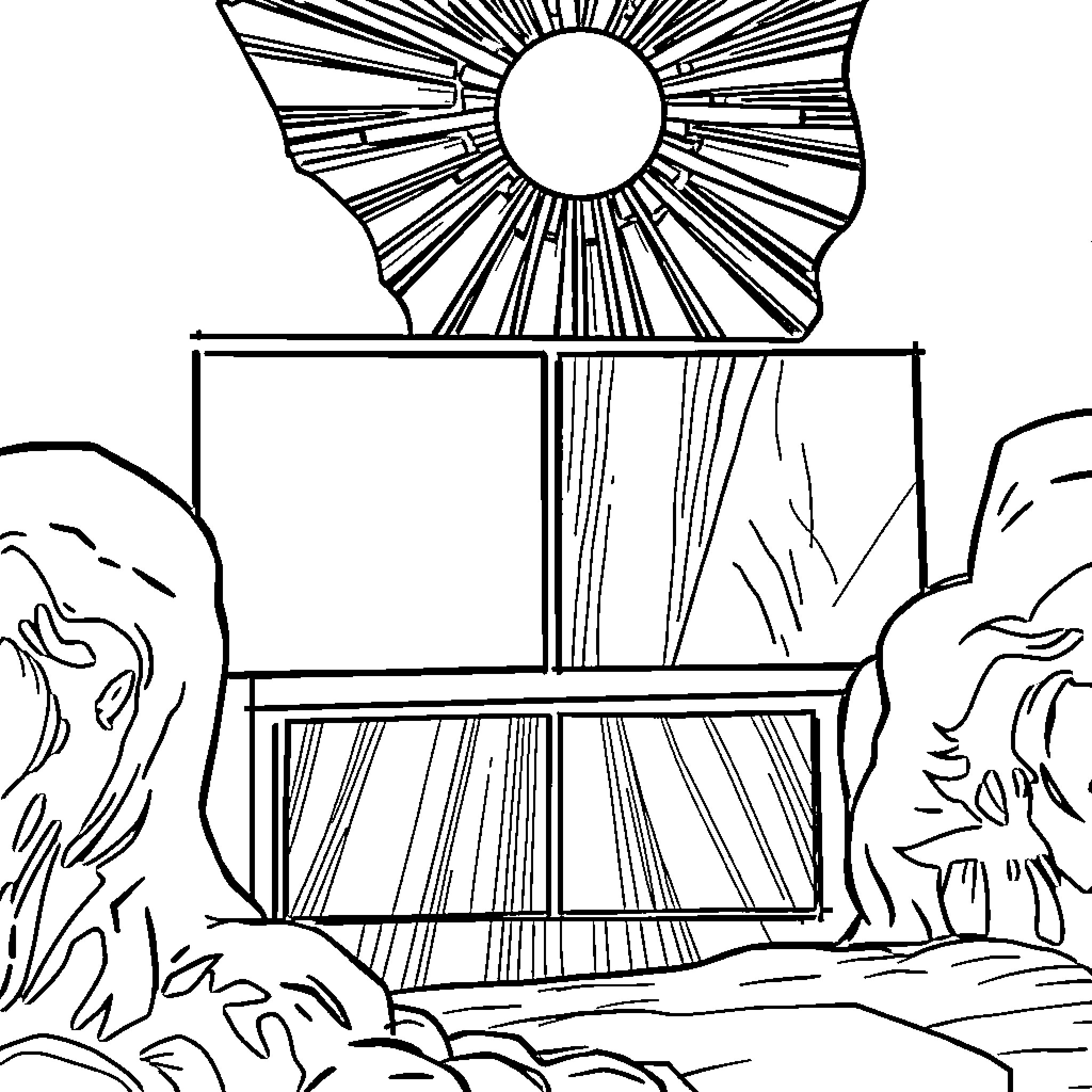 Comic Book Dramatic Landscape with Sunburst Coloring Page (free black-and-white line drawing printable PDF for all, from beginners to advanced learners, including children, teens, adults, and seniors)