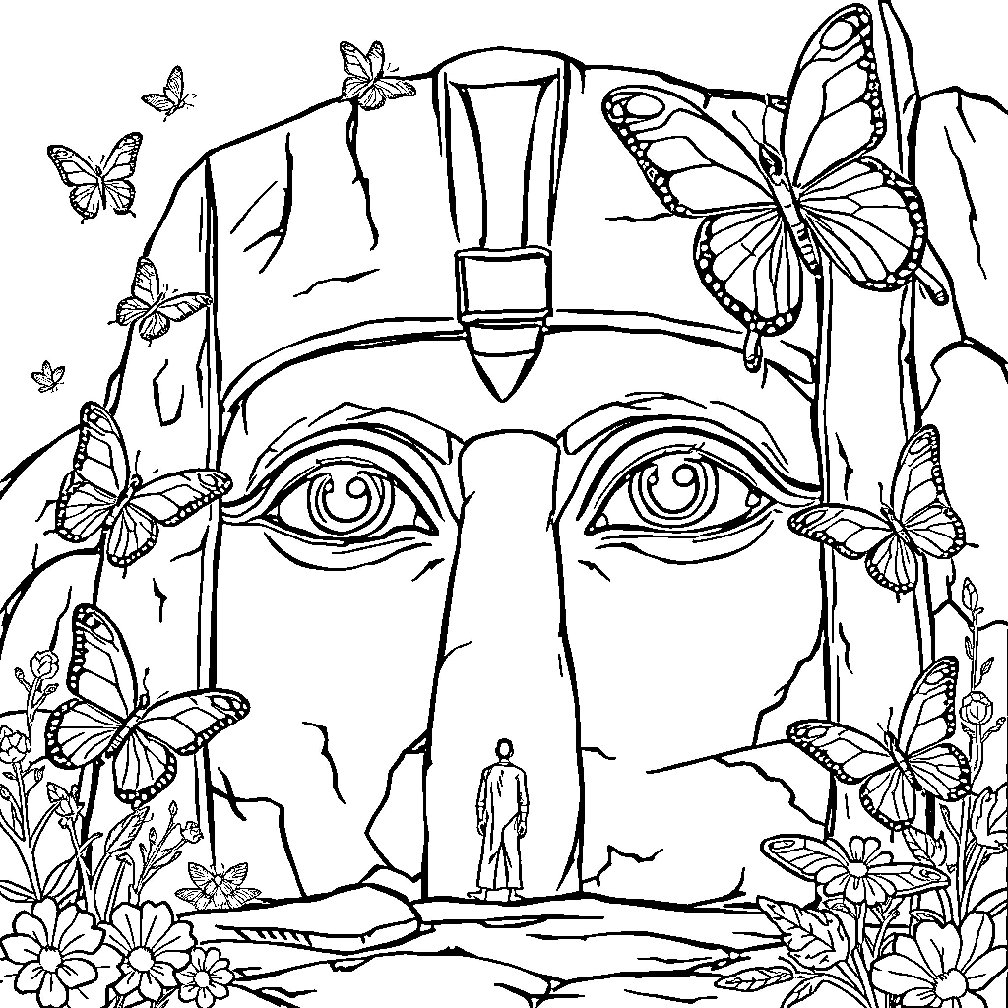 Eye Surrounded by Butterflies and Flowers Coloring Page (free black-and-white line drawing printable PDF for all, from beginners to advanced learners, including children, teens, adults, and seniors)