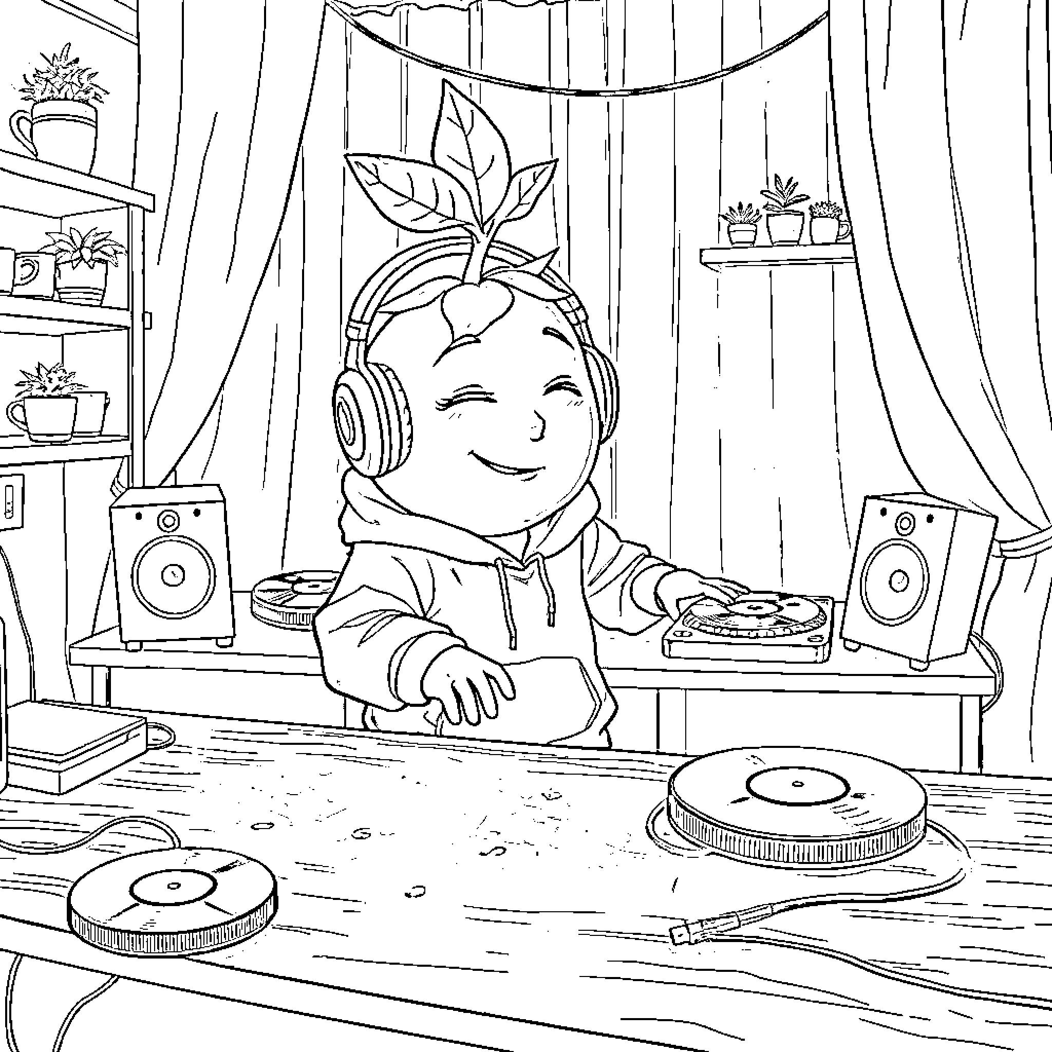 Tomato DJ mixing beats in a cozy studio Coloring Page (free black-and-white line drawing printable PDF for all, from beginners to advanced learners, including children, teens, adults, and seniors)