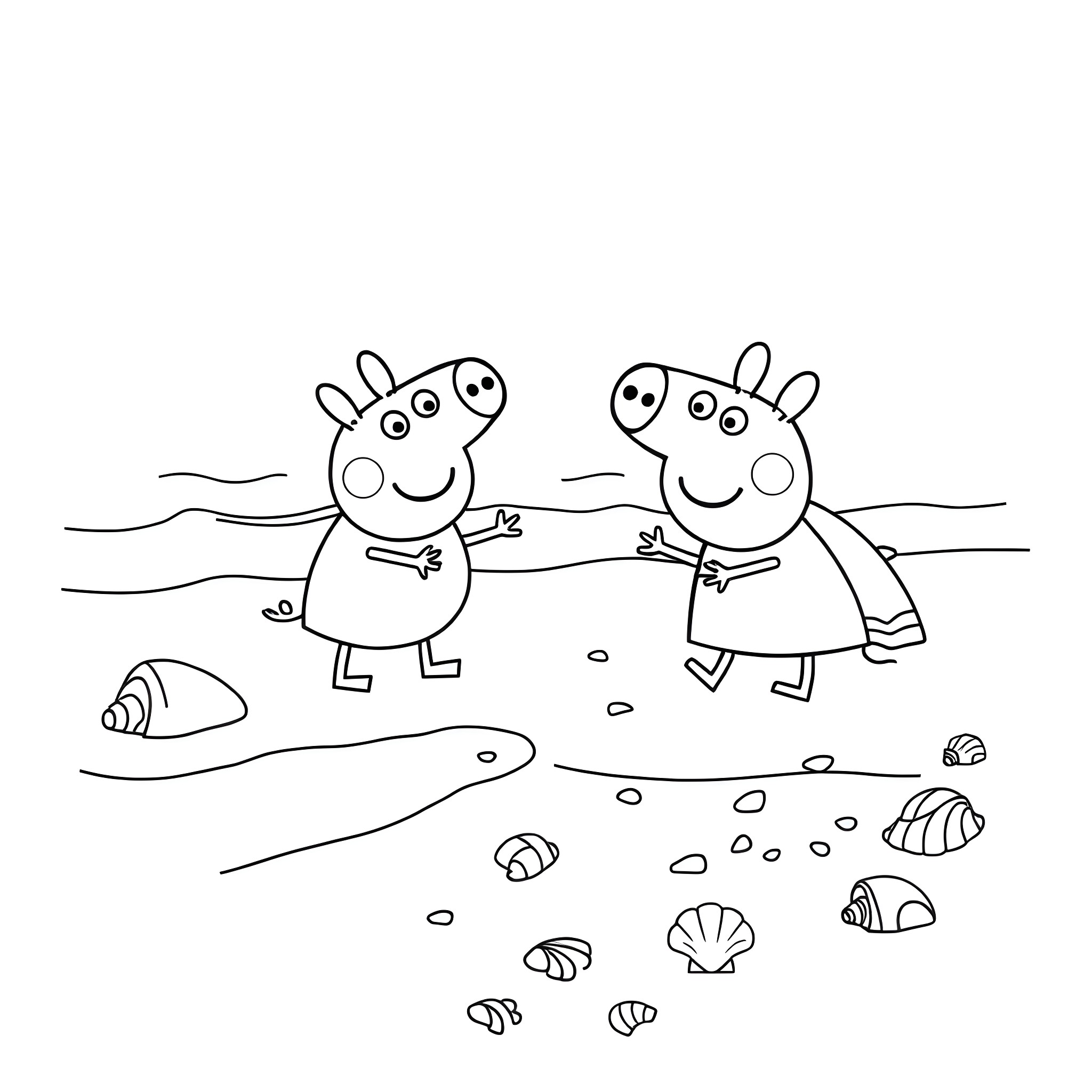 Peppa Pig and Friends Enjoying the Beach Coloring Page (free black-and-white line drawing printable PDF for all, from beginners to advanced learners, including children, teens, adults, and seniors)