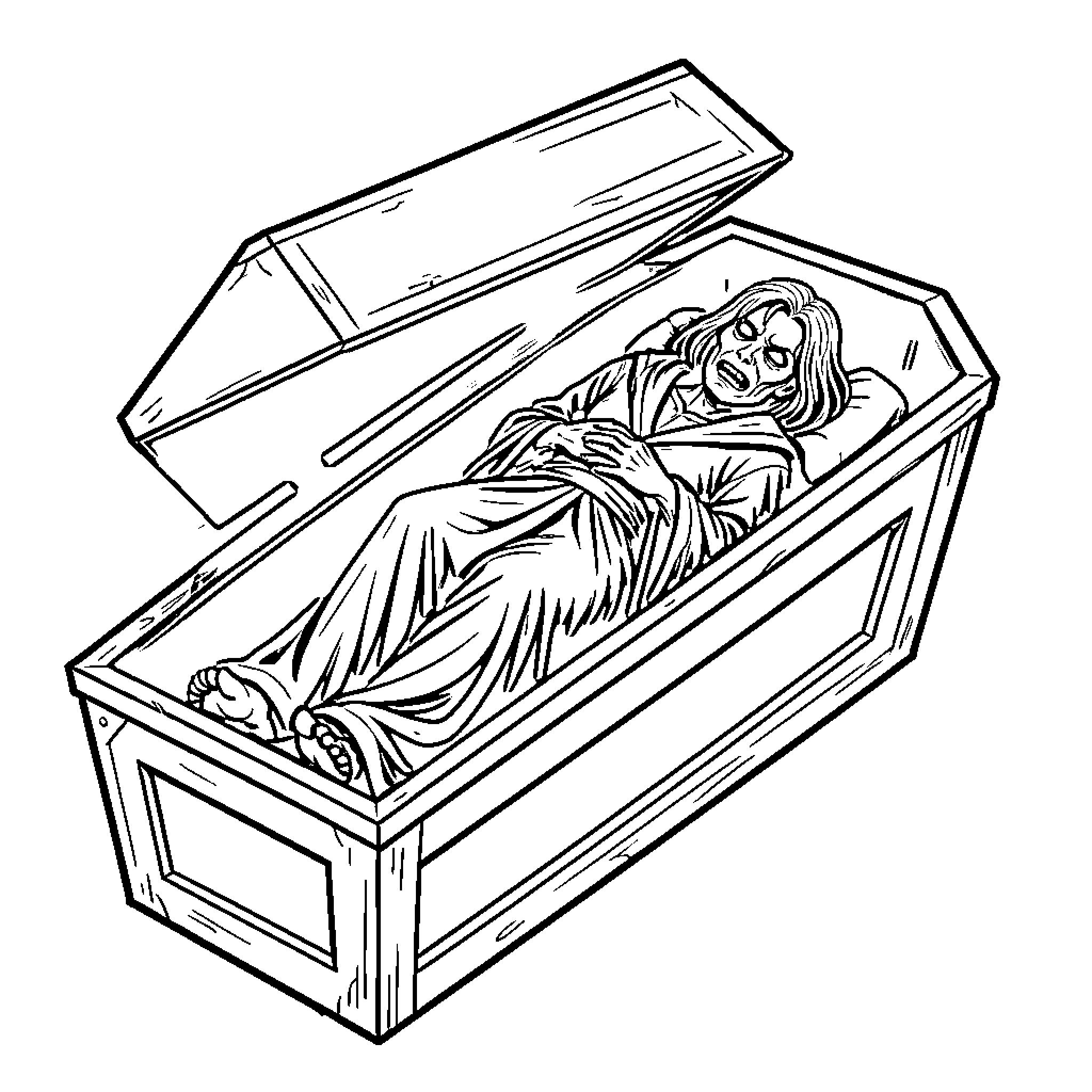 Vampiro's Eternal Slumber in a Coffin Coloring Page (free black-and-white line drawing printable PDF for all, from beginners to advanced learners, including children, teens, adults, and seniors)