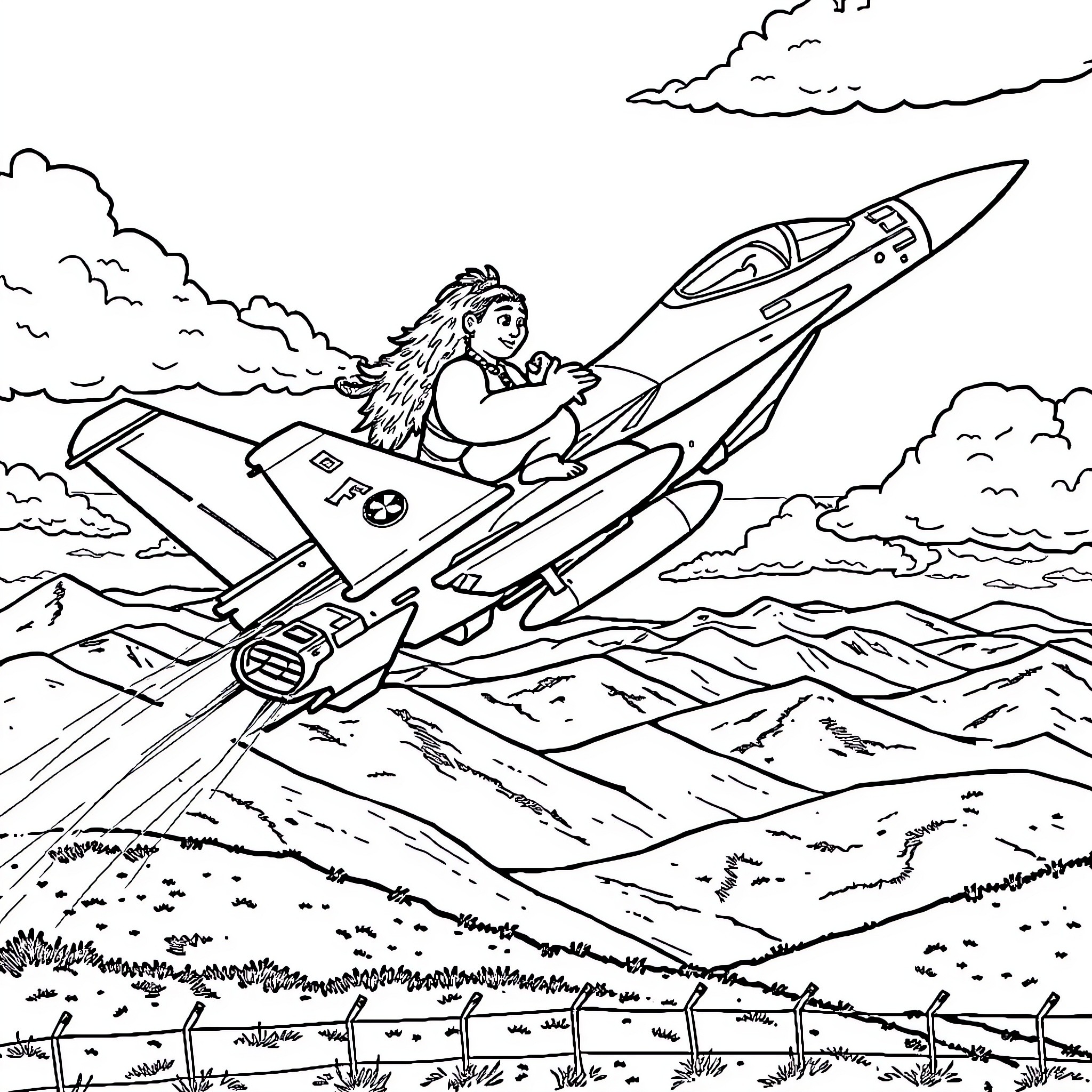 Maui soaring through the clouds in a jet plane Coloring Page (free black-and-white line drawing printable PDF for all, from beginners to advanced learners, including children, teens, adults, and seniors)