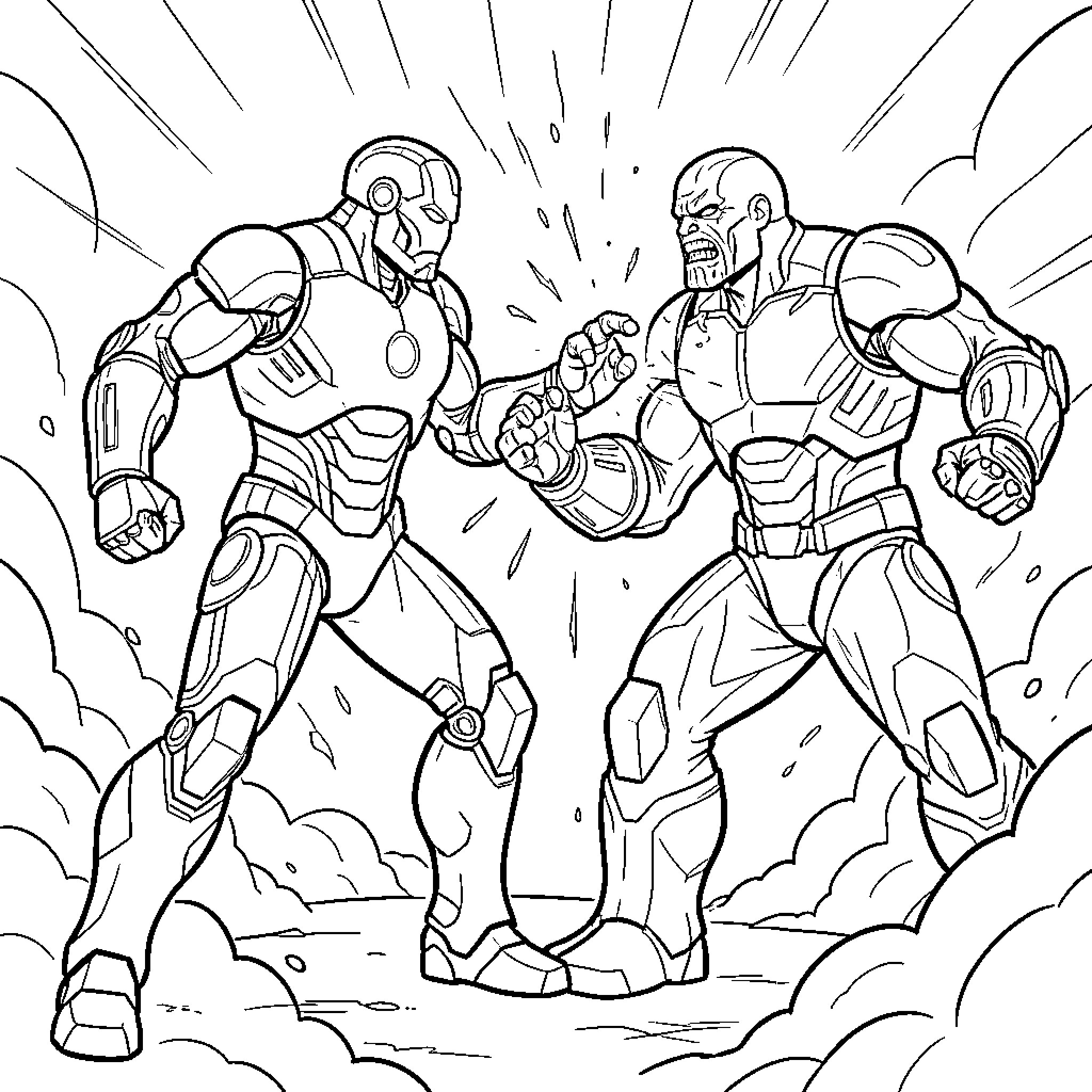 Ironman battling a powerful armored villain in combat Coloring Page (free black-and-white line drawing printable PDF for all, from beginners to advanced learners, including children, teens, adults, and seniors)