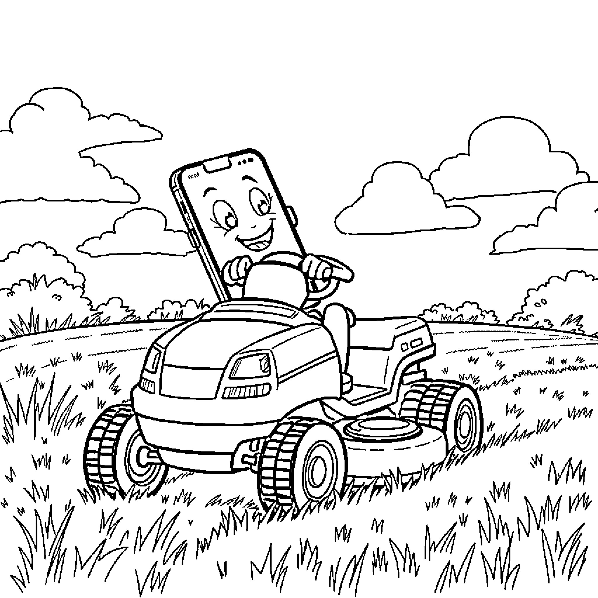 iPhone riding happily on a lawnmower in the park Coloring Page (free black-and-white line drawing printable PDF for all, from beginners to advanced learners, including children, teens, adults, and seniors)