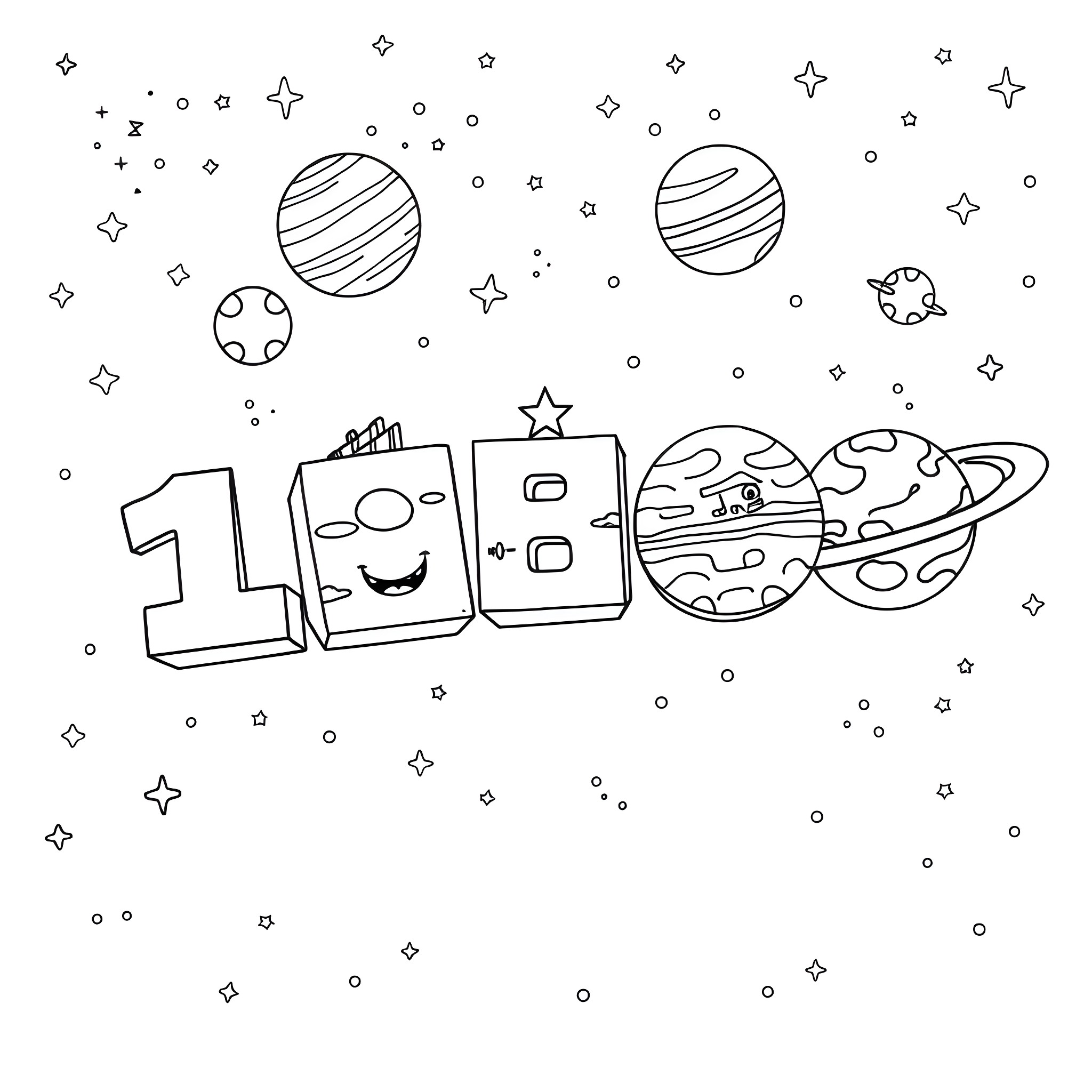 Number Blocks Exploring Outer Space Coloring Page (free black-and-white line drawing printable PDF for all, from beginners to advanced learners, including children, teens, adults, and seniors)
