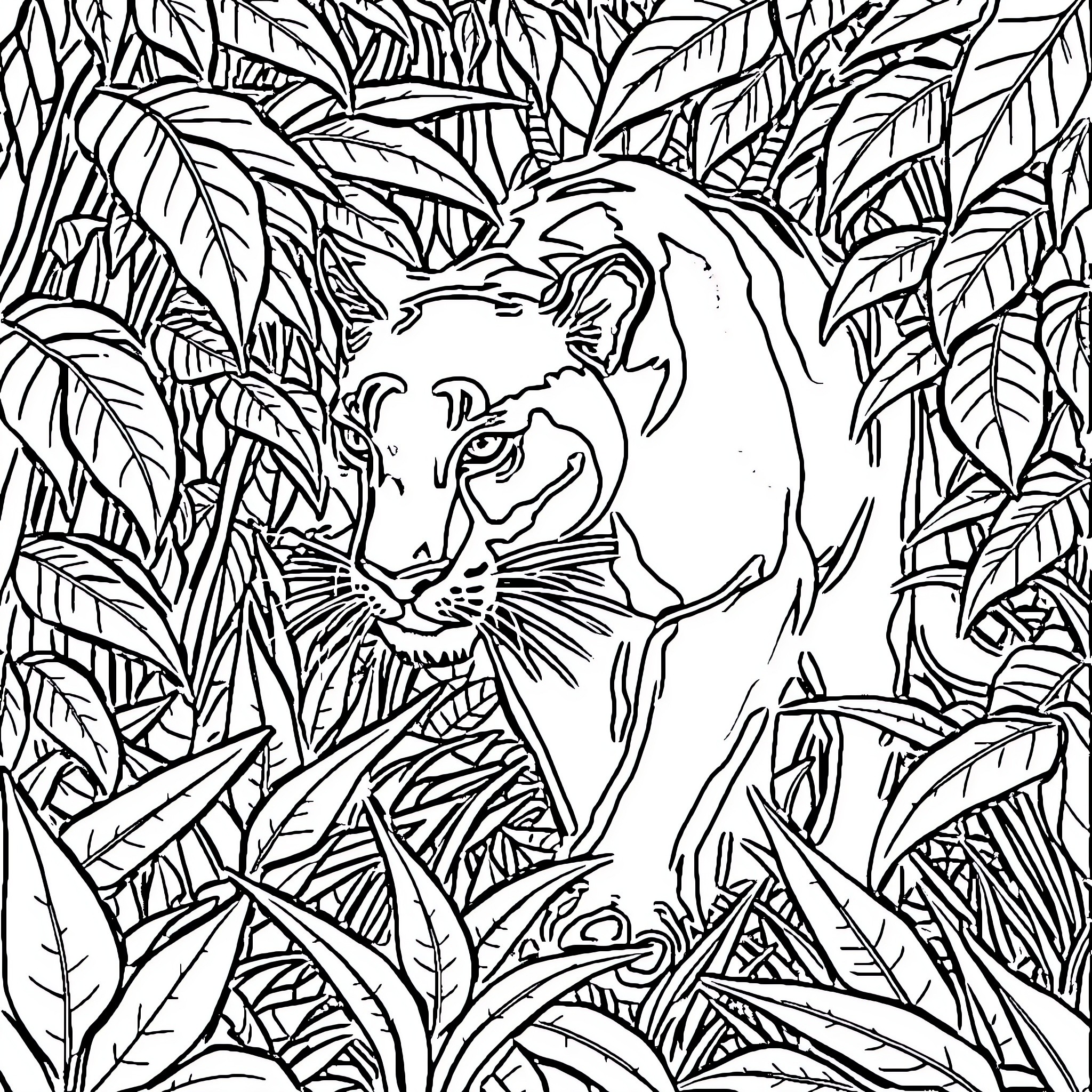 Panther Prowling through Dense Foliage Coloring Page (free black-and-white line drawing printable PDF for all, from beginners to advanced learners, including children, teens, adults, and seniors)