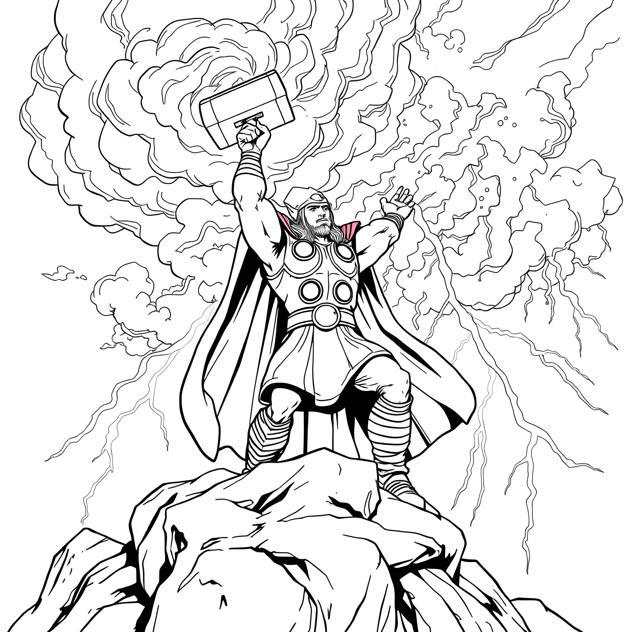 Thor wielding his mighty hammer in a fierce storm Coloring Page (free black-and-white line drawing printable PDF for all, from beginners to advanced learners, including children, teens, adults, and seniors)