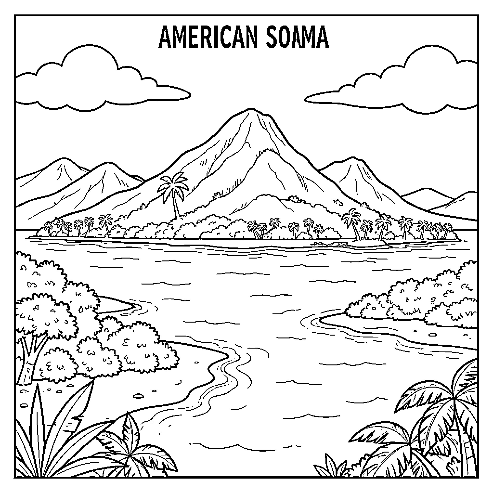American Samoa: Scenic Tropical Landscape Coloring Page (free black-and-white line drawing printable PDF for all, from beginners to advanced learners, including children, teens, adults, and seniors)