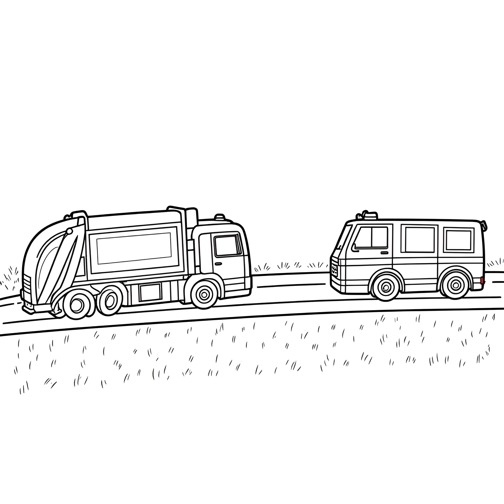 Truck transporting waste and mobile home on road Coloring Page (free black-and-white line drawing printable PDF for all, from beginners to advanced learners, including children, teens, adults, and seniors)