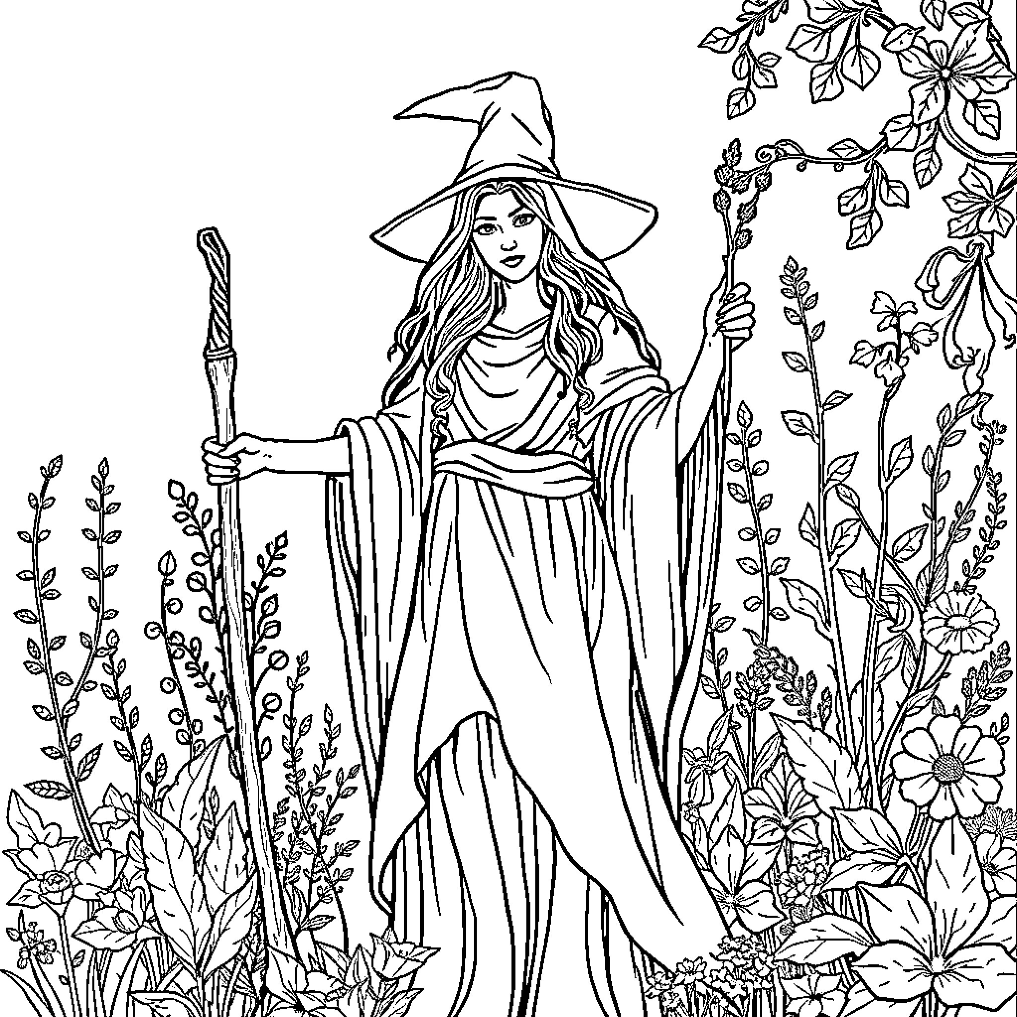 Witch casting spells in an enchanted garden Coloring Page (free black-and-white line drawing printable PDF for all, from beginners to advanced learners, including children, teens, adults, and seniors)