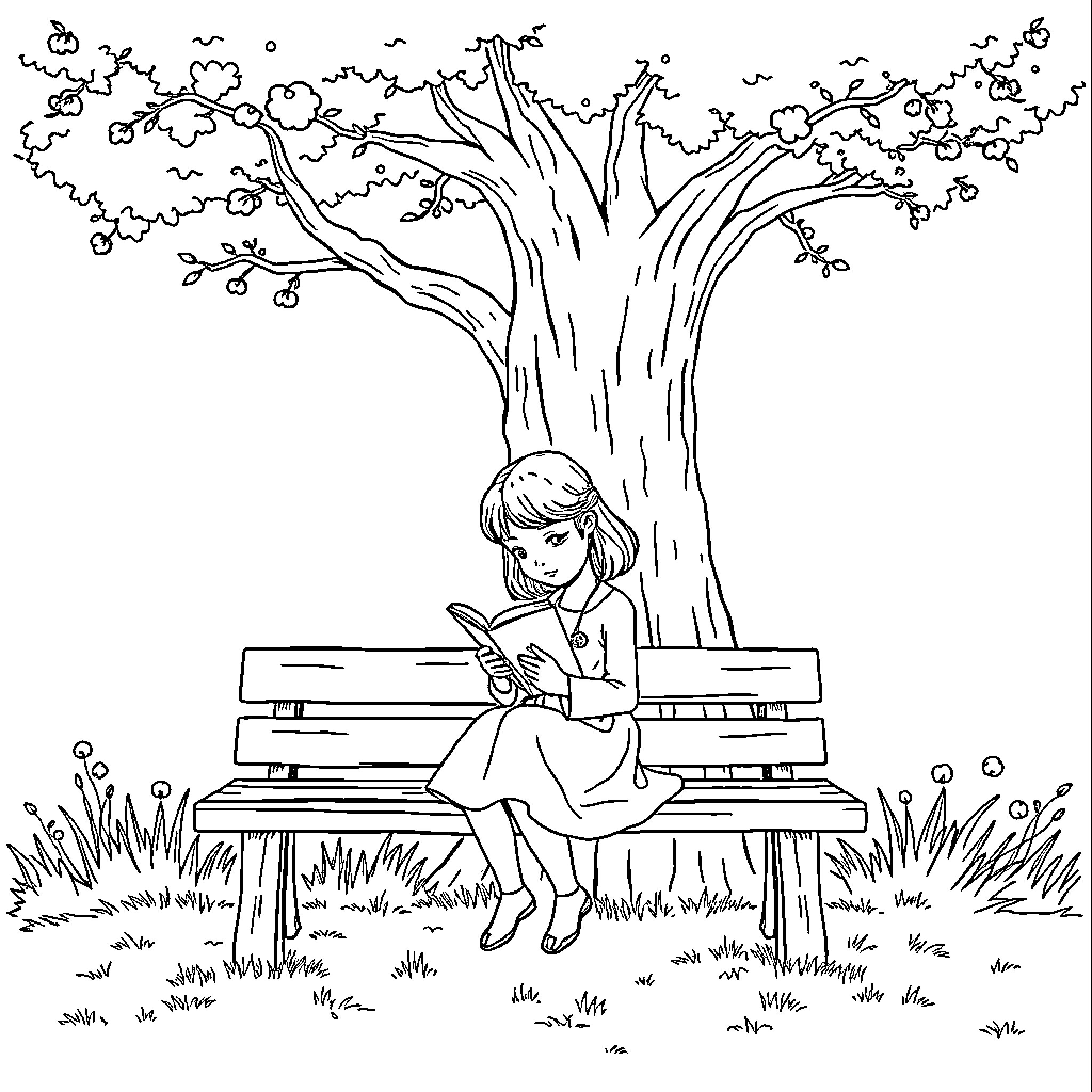 Girl reading a book on a park bench under a tree Coloring Page (free black-and-white line drawing printable PDF for all, from beginners to advanced learners, including children, teens, adults, and seniors)