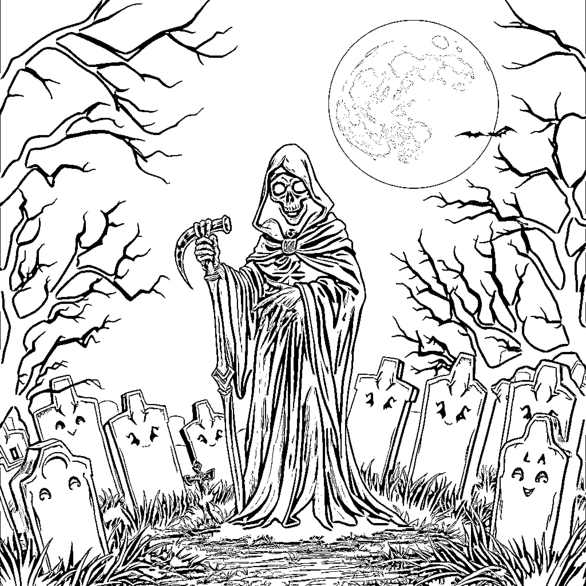 Grim Reaper standing in a haunting graveyard Coloring Page (free black-and-white line drawing printable PDF for all, from beginners to advanced learners, including children, teens, adults, and seniors)
