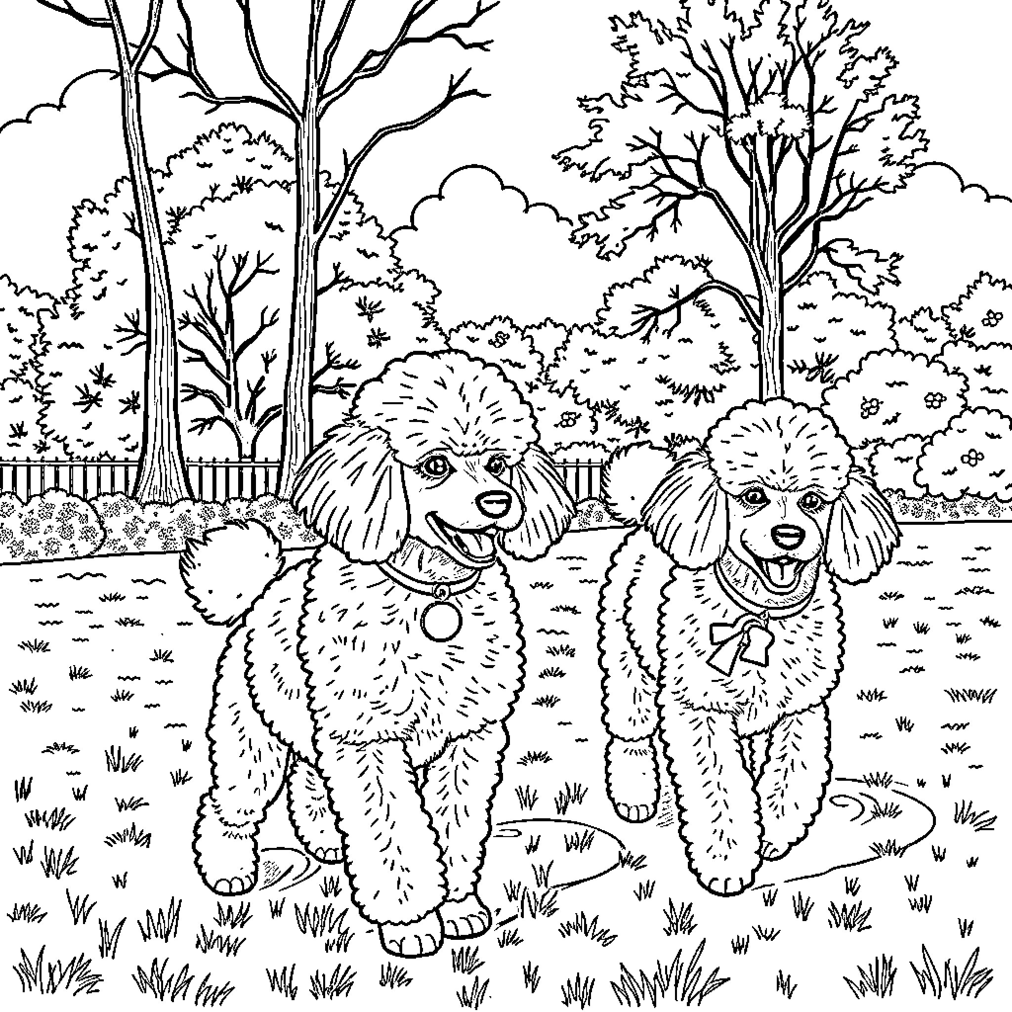 Poodle Pals Enjoying the Outdoors Coloring Page (free black-and-white line drawing printable PDF for all, from beginners to advanced learners, including children, teens, adults, and seniors)