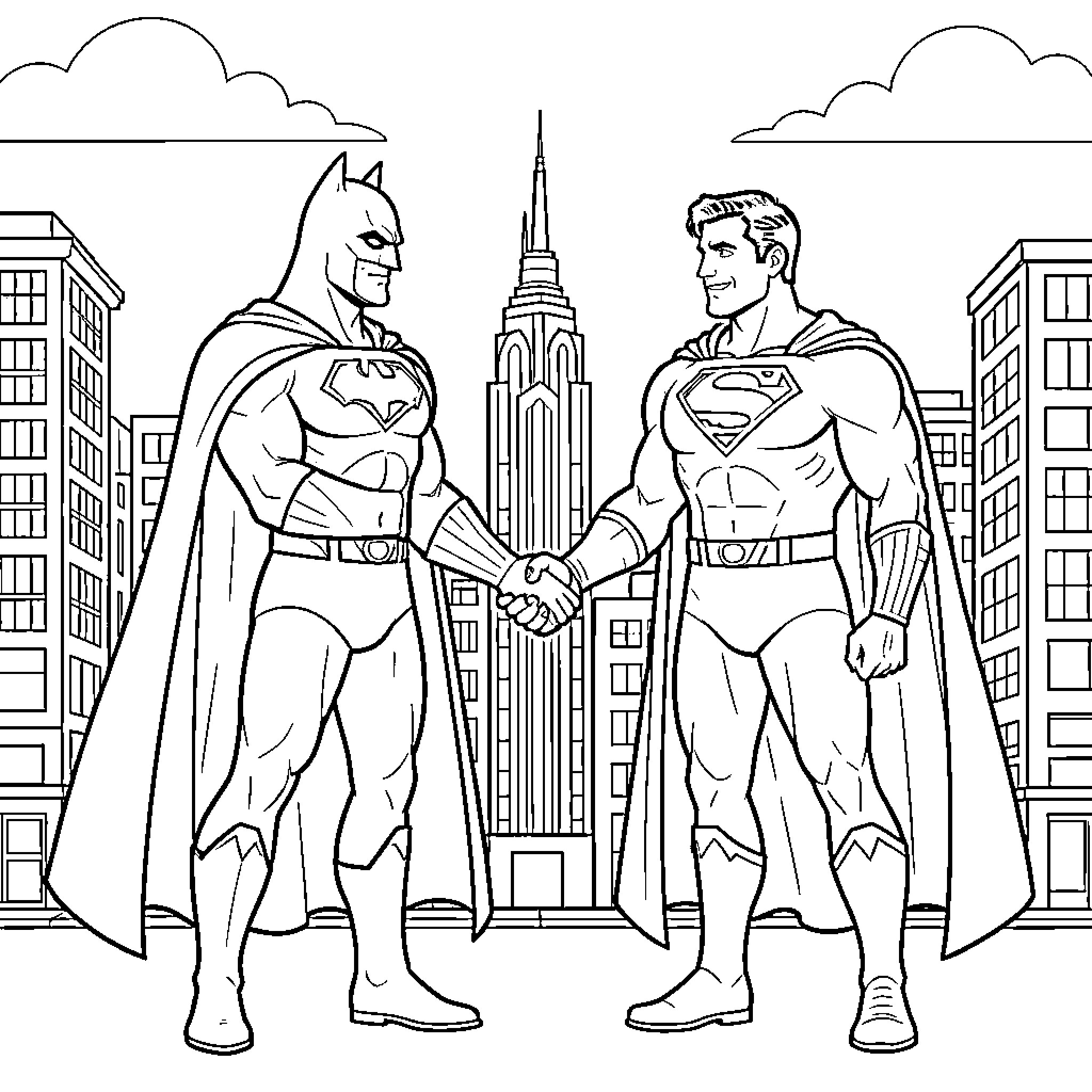 Batman and Superman Shaking Hands in the City Coloring Page (free black-and-white line drawing printable PDF for all, from beginners to advanced learners, including children, teens, adults, and seniors)