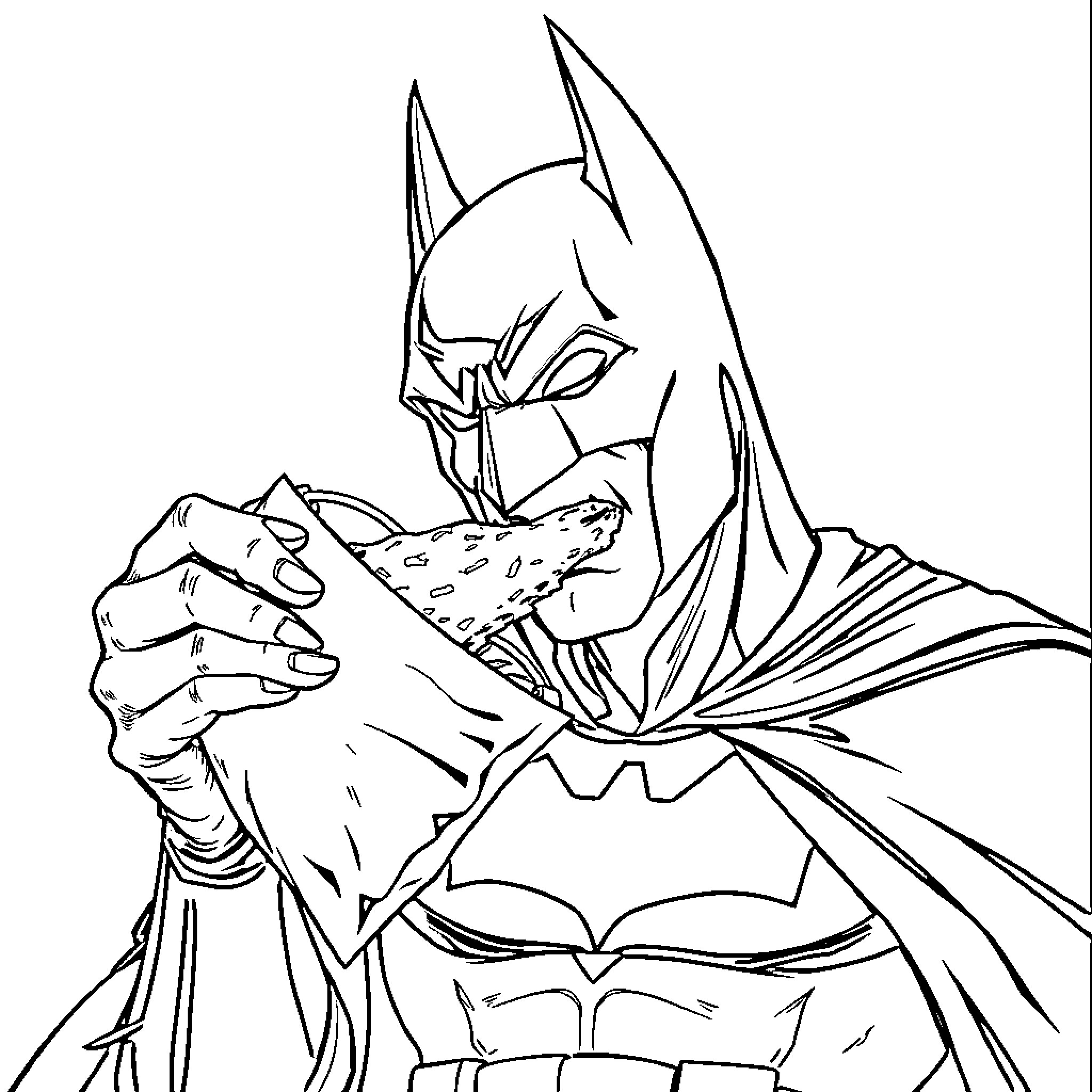 Batman in an intense combat pose Coloring Page (free black-and-white line drawing printable PDF for all, from beginners to advanced learners, including children, teens, adults, and seniors)