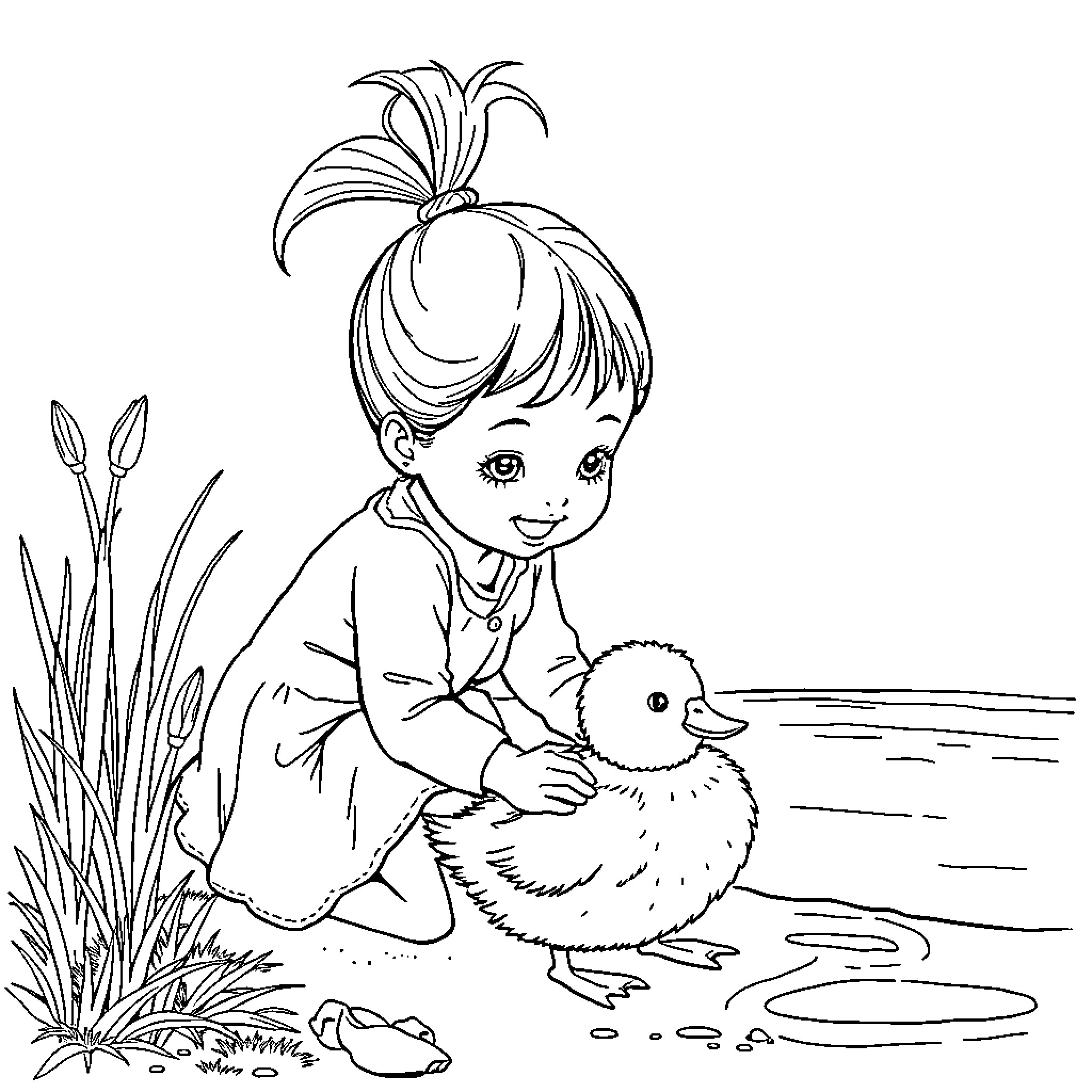 Girl playing with baby duckling by the pond Coloring Page (free black-and-white line drawing printable PDF for all, from beginners to advanced learners, including children, teens, adults, and seniors)