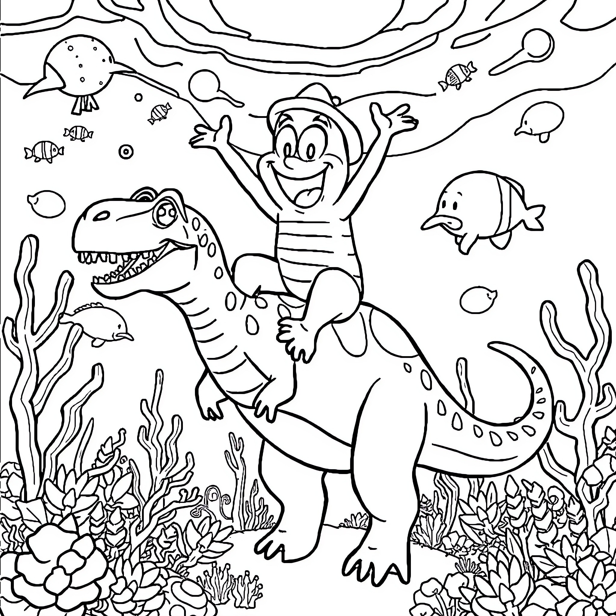 Bob esponja having fun underwater with sea creatures Coloring Page (free black-and-white line drawing printable PDF for all, from beginners to advanced learners, including children, teens, adults, and seniors)