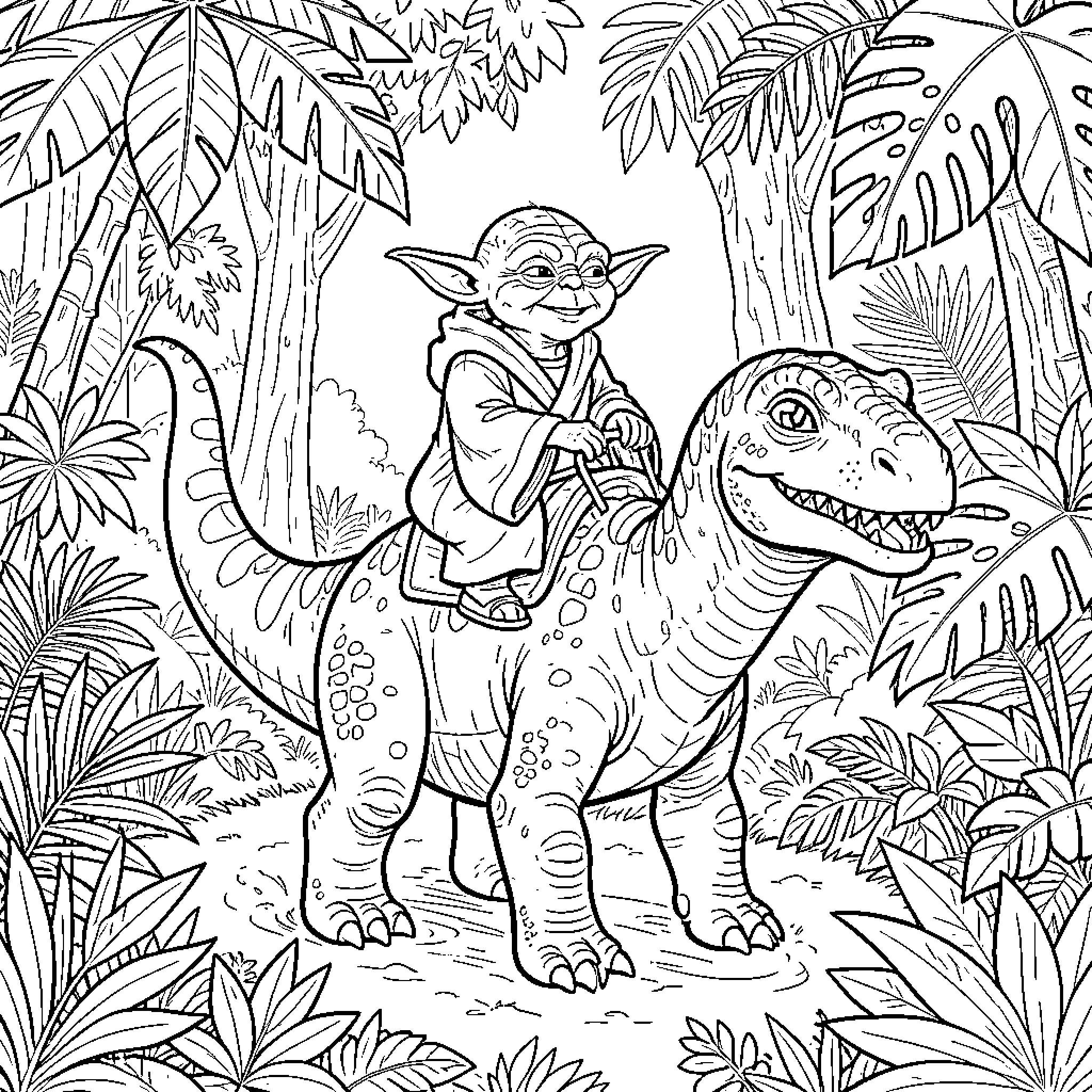 Yoda riding a dinosaur in the jungle Coloring Page (free black-and-white line drawing printable PDF for all, from beginners to advanced learners, including children, teens, adults, and seniors)