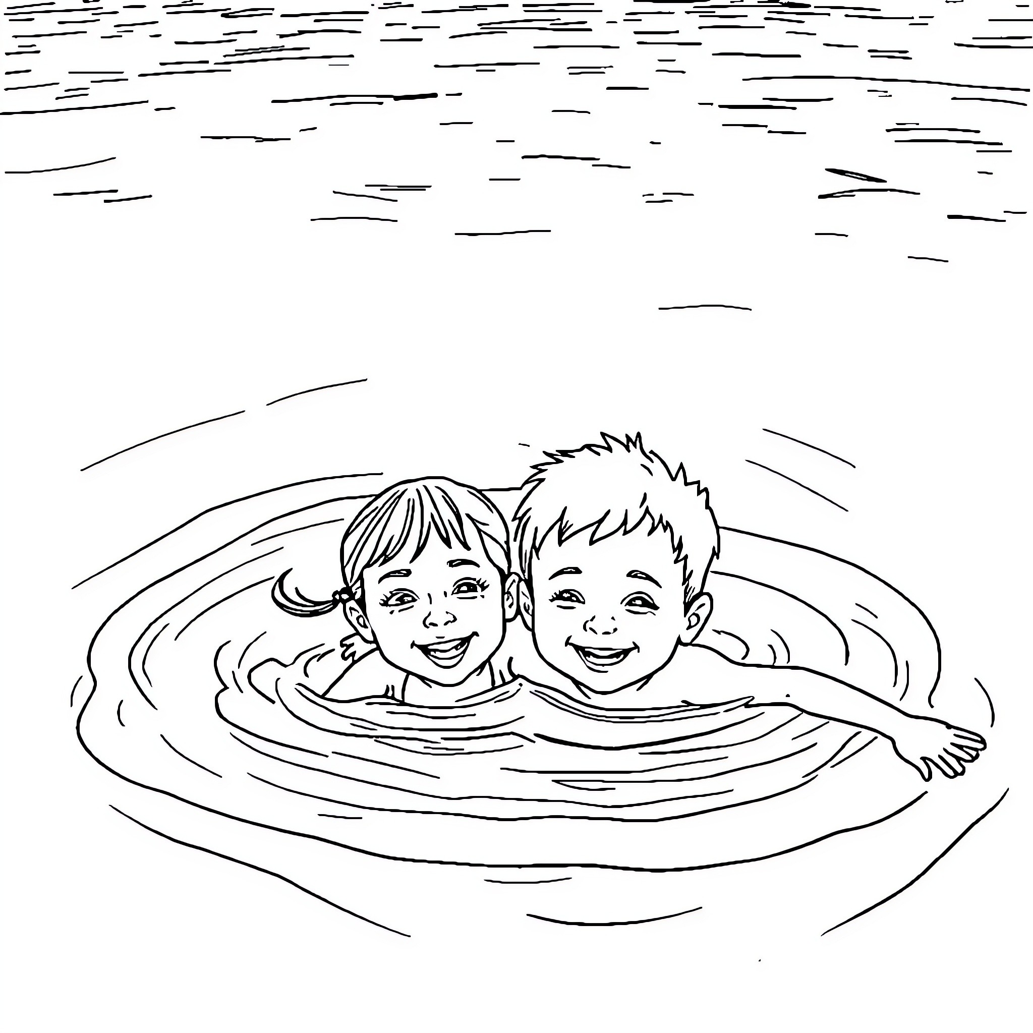 Children swimming happily in the water Coloring Page (free black-and-white line drawing printable PDF for all, from beginners to advanced learners, including children, teens, adults, and seniors)