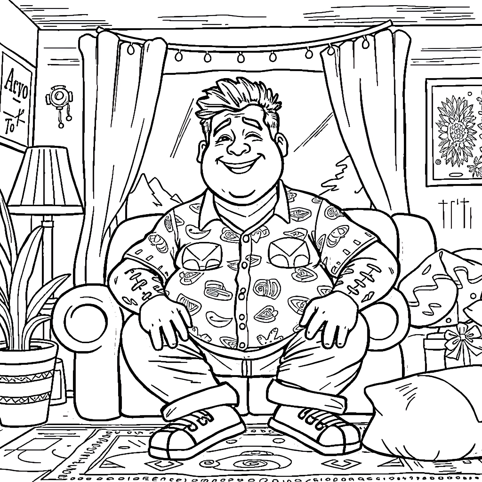 Person sitting comfortably in a cozy room Coloring Page (free black-and-white line drawing printable PDF for all, from beginners to advanced learners, including children, teens, adults, and seniors)