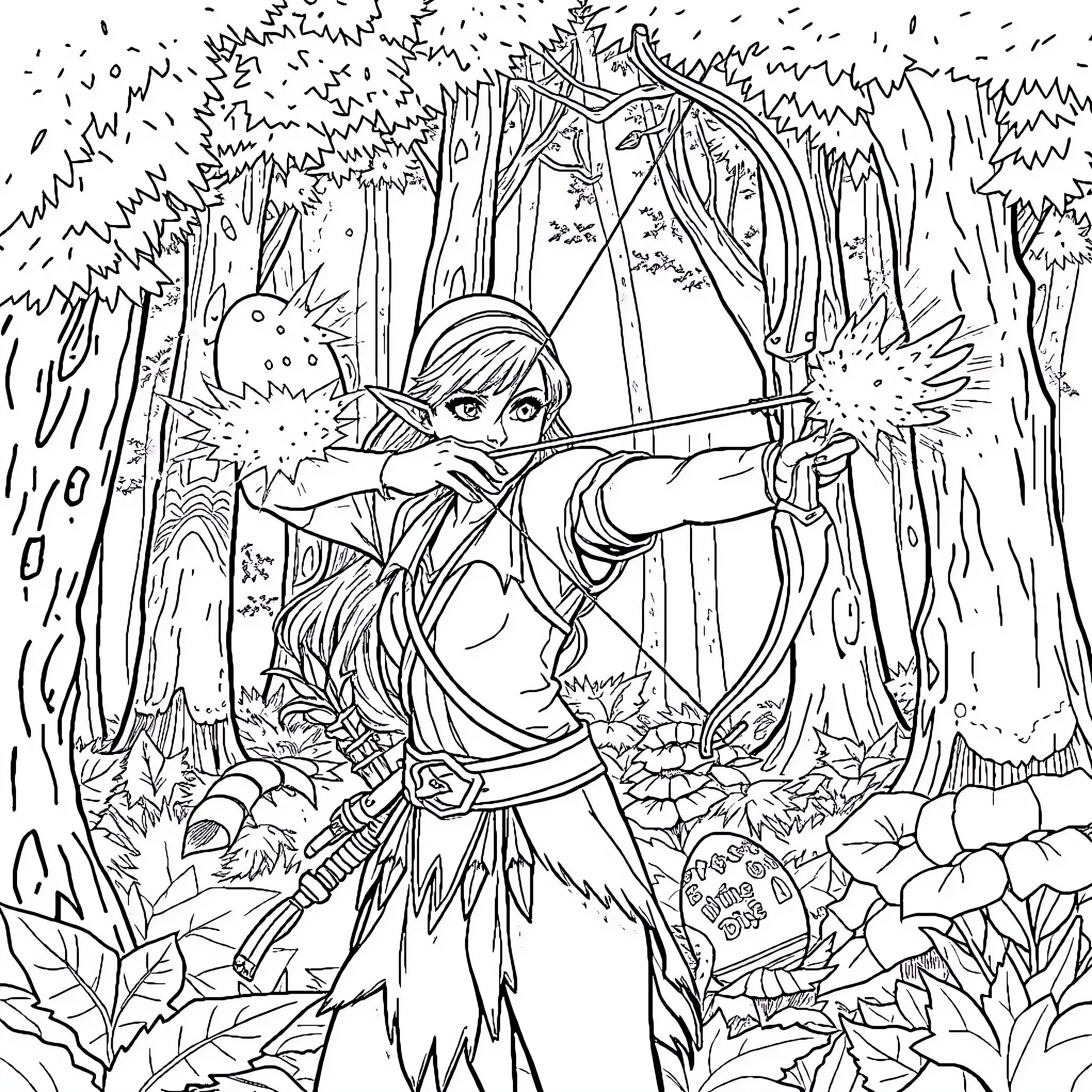 Elf archer exploring the enchanted forest Coloring Page (free black-and-white line drawing printable PDF for all, from beginners to advanced learners, including children, teens, adults, and seniors)