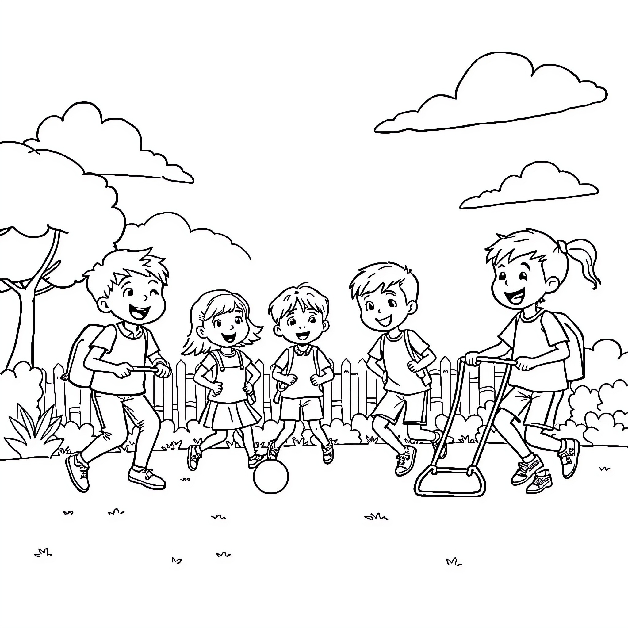 Children playing happily in the park Coloring Page (free black-and-white line drawing printable PDF for all, from beginners to advanced learners, including children, teens, adults, and seniors)