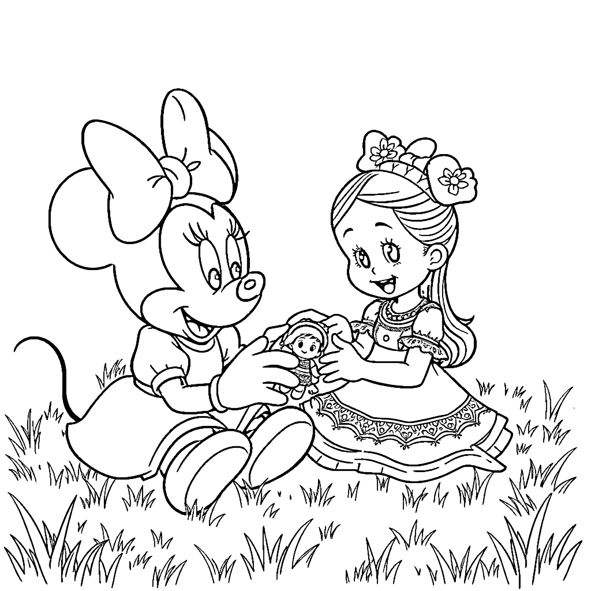 Minnie Mouse and Girl Sharing a Picnic in the Park Coloring Page (free black-and-white line drawing printable PDF for all, from beginners to advanced learners, including children, teens, adults, and seniors)