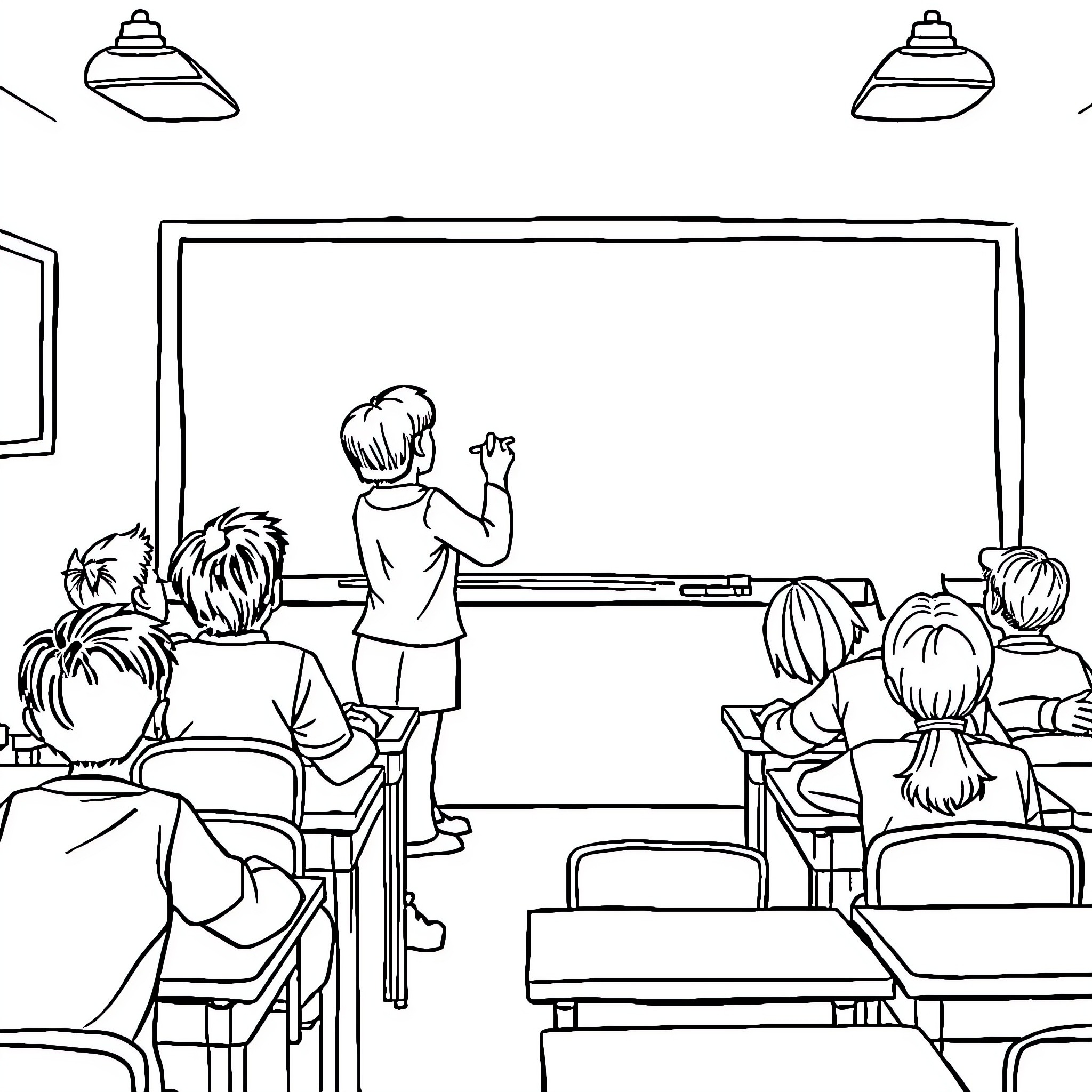 Teacher instructing students in classroom Coloring Page (free black-and-white line drawing printable PDF for all, from beginners to advanced learners, including children, teens, adults, and seniors)