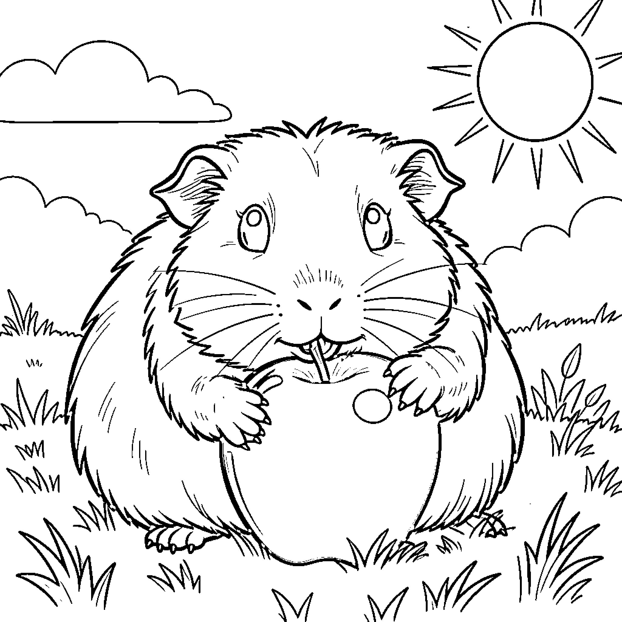 Guinea Pig enjoying a sunny day outdoors Coloring Page (free black-and-white line drawing printable PDF for all, from beginners to advanced learners, including children, teens, adults, and seniors)