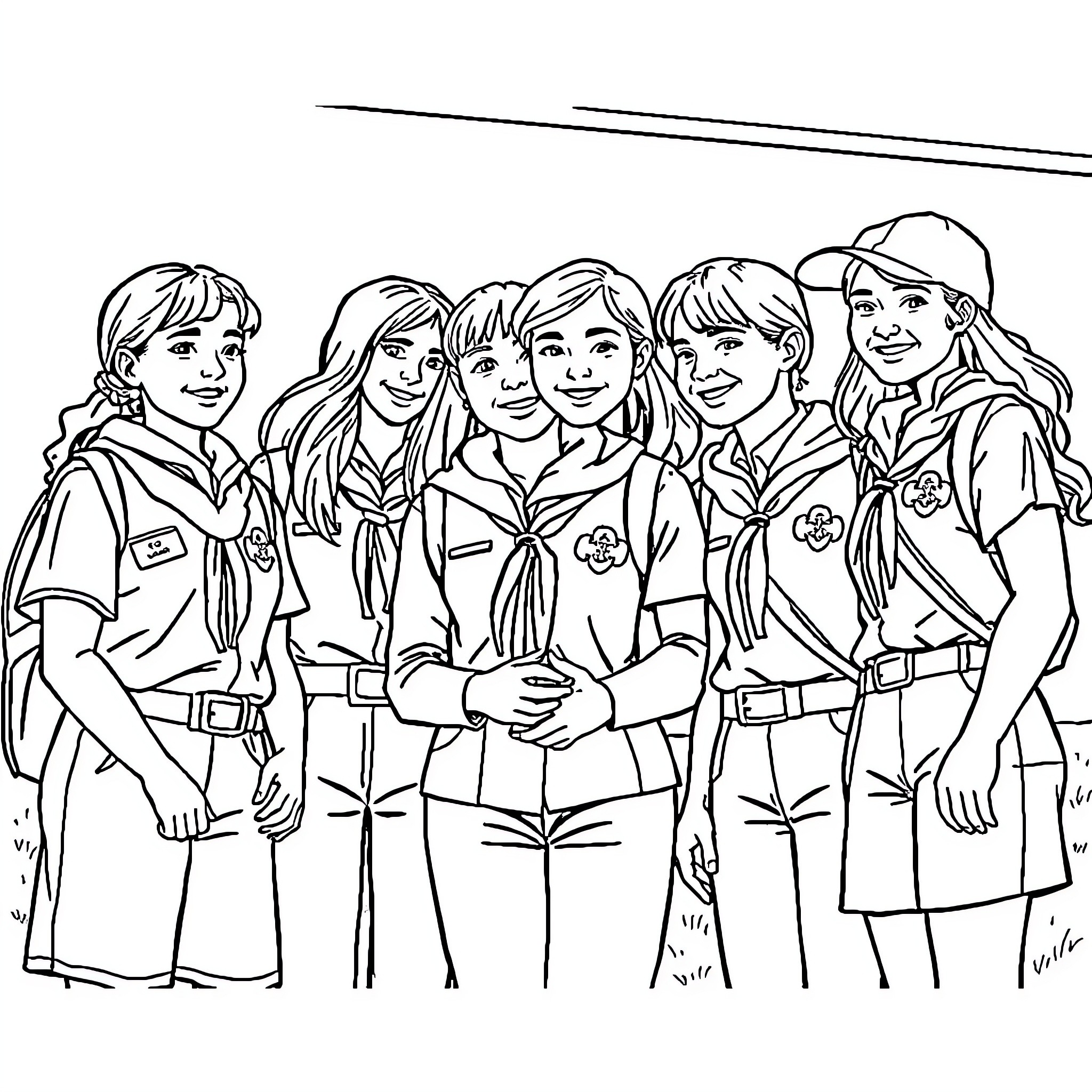 Girl Scout troop posing together in uniform Coloring Page (free black-and-white line drawing printable PDF for all, from beginners to advanced learners, including children, teens, adults, and seniors)