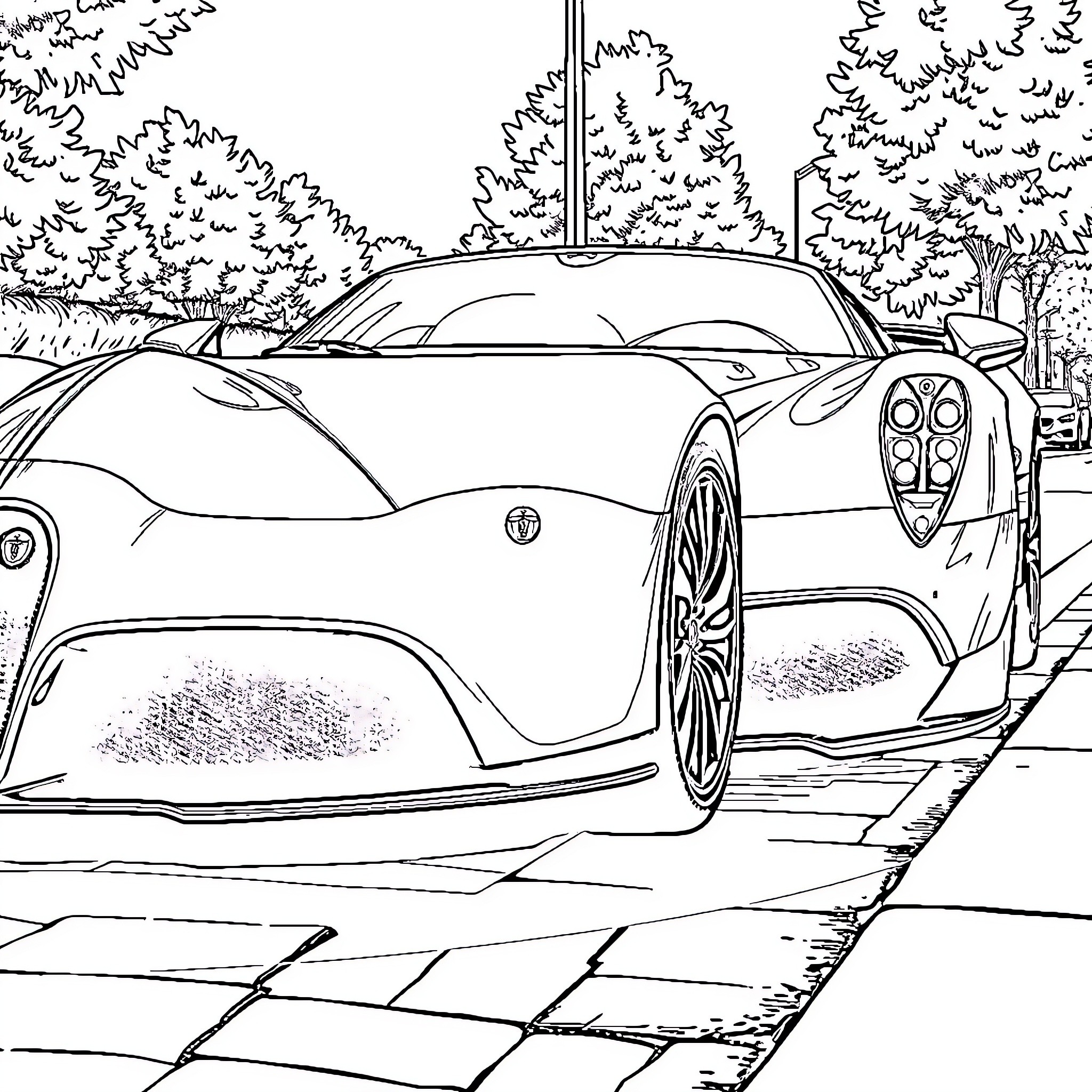 Lamborghini supercar parked in urban setting Coloring Page (free black-and-white line drawing printable PDF for all, from beginners to advanced learners, including children, teens, adults, and seniors)
