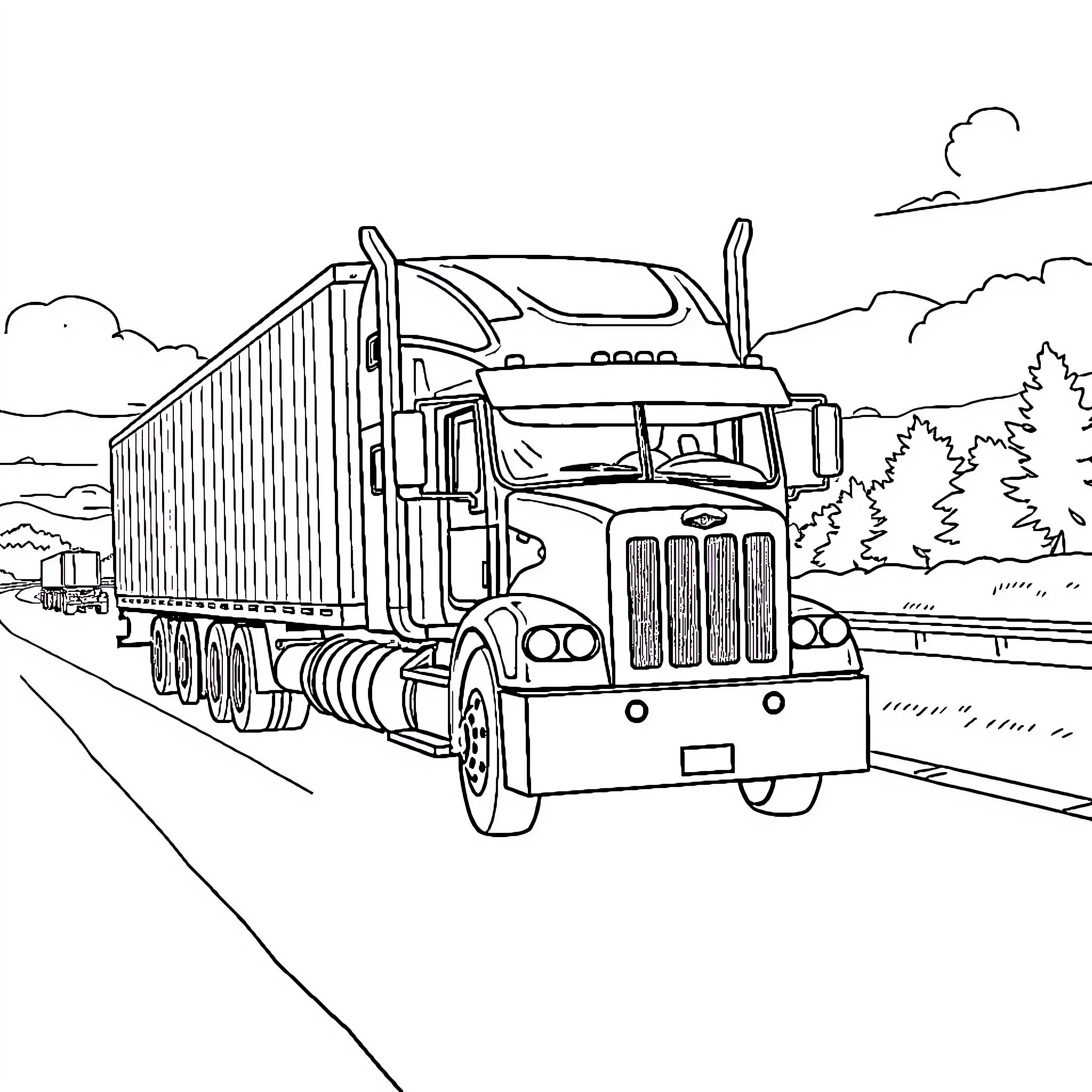 Truck Driving on the Highway with Cargo Coloring Page (free black-and-white line drawing printable PDF for all, from beginners to advanced learners, including children, teens, adults, and seniors)