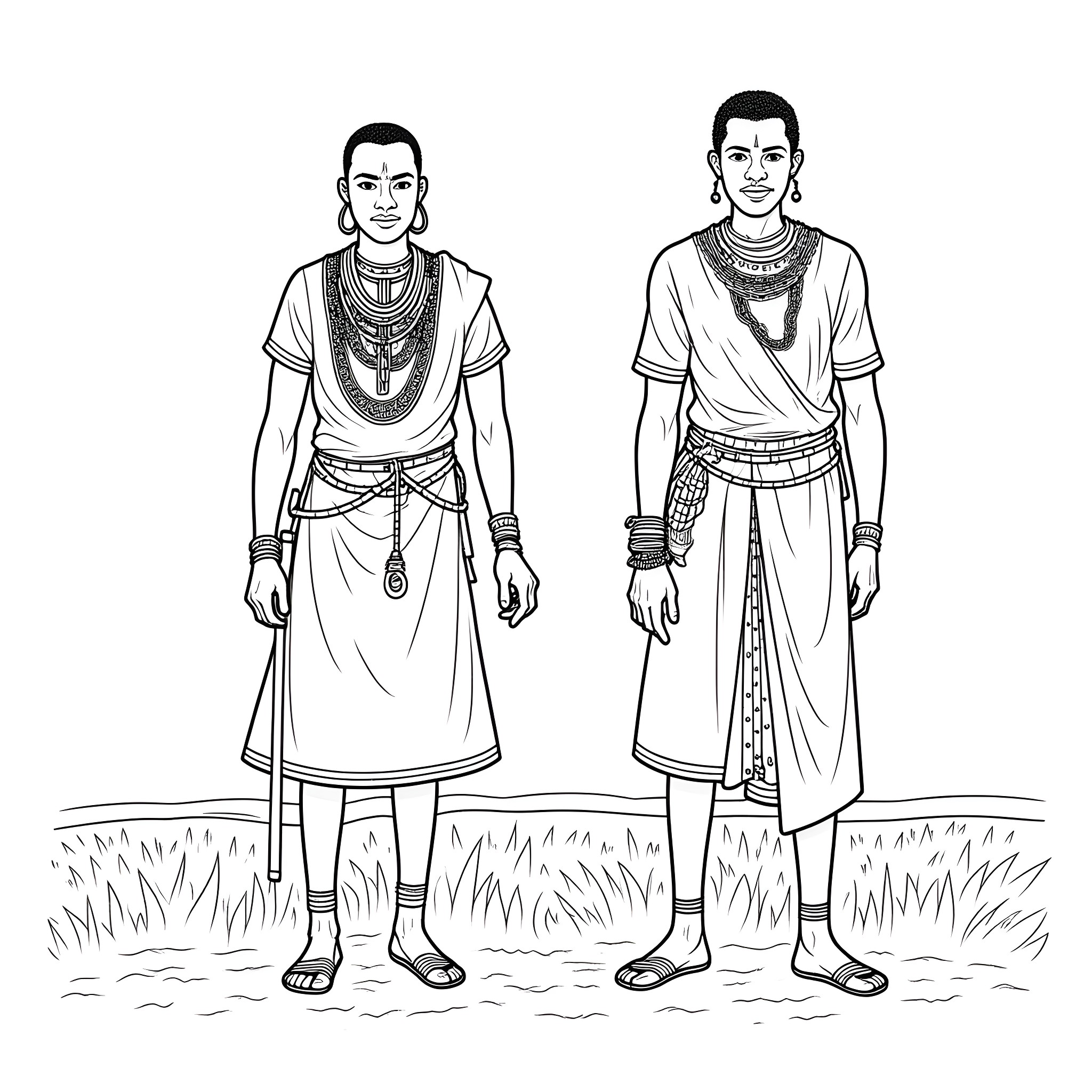 Warrior Tribesmen in Traditional Attire Coloring Page (free black-and-white line drawing printable PDF for all, from beginners to advanced learners, including children, teens, adults, and seniors)