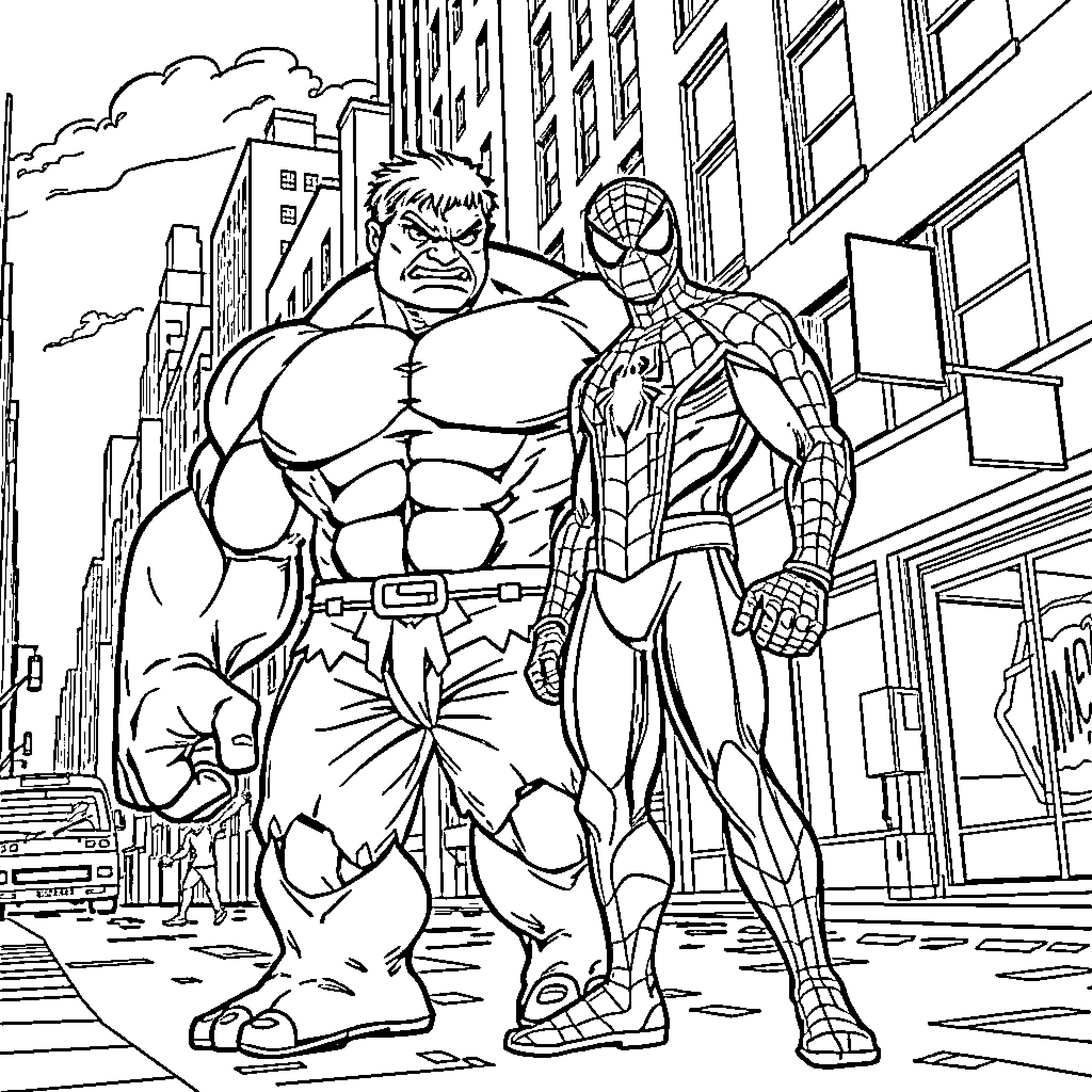 Hulk and Spiderman team up in the city streets Coloring Page (free black-and-white line drawing printable PDF for all, from beginners to advanced learners, including children, teens, adults, and seniors)