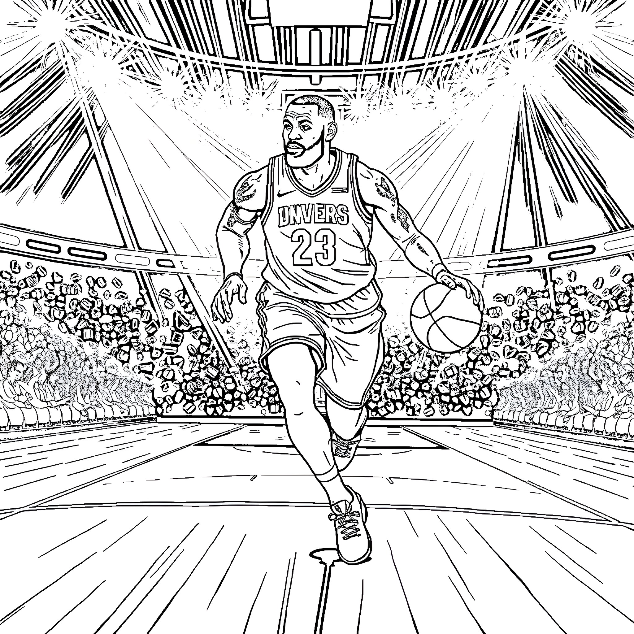 LeBron James Dunks Triumphantly on the Basketball Court Coloring Page (free black-and-white line drawing printable PDF for all, from beginners to advanced learners, including children, teens, adults, and seniors)
