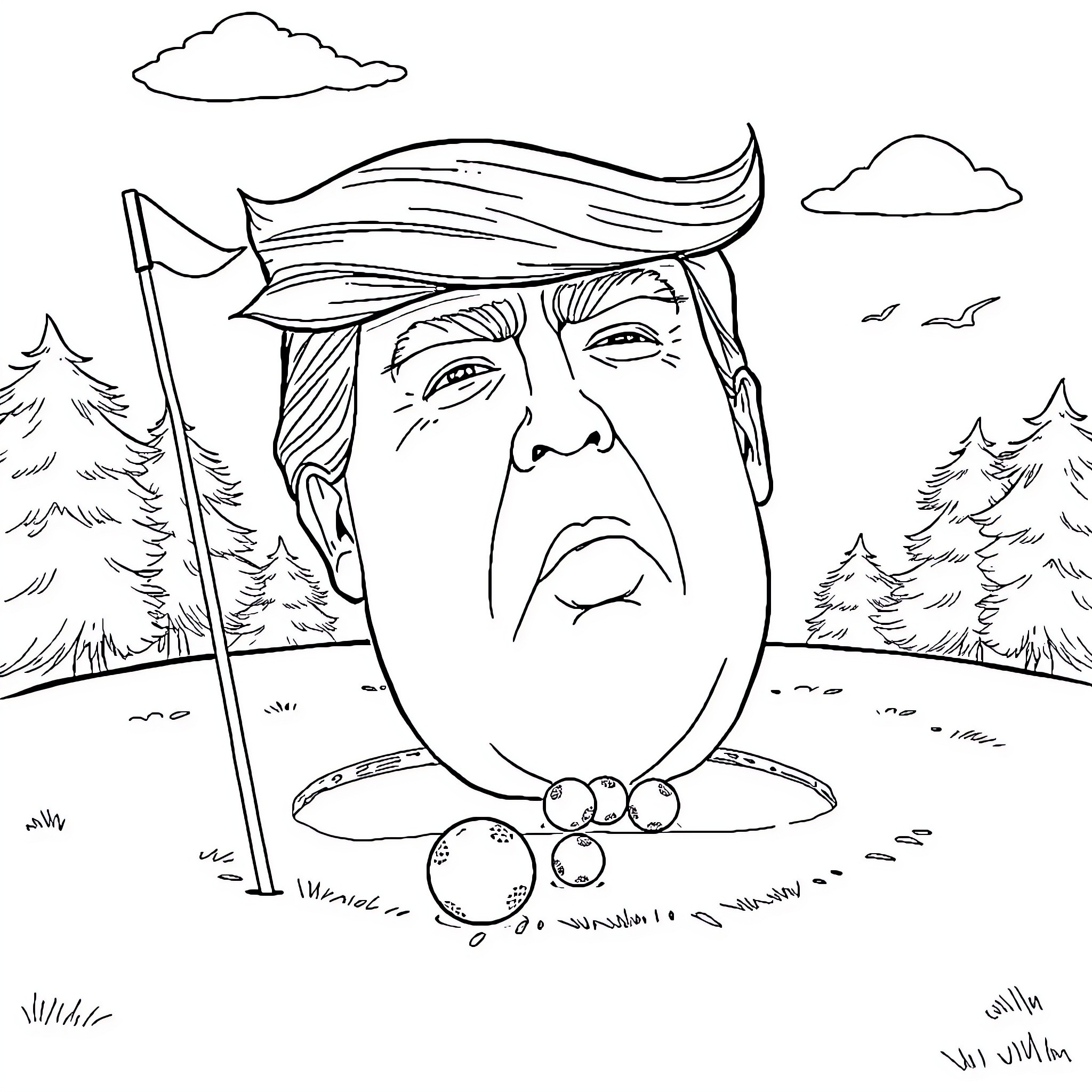Trump's Contemplative Expression in Nature's Backdrop Coloring Page (free black-and-white line drawing printable PDF for all, from beginners to advanced learners, including children, teens, adults, and seniors)