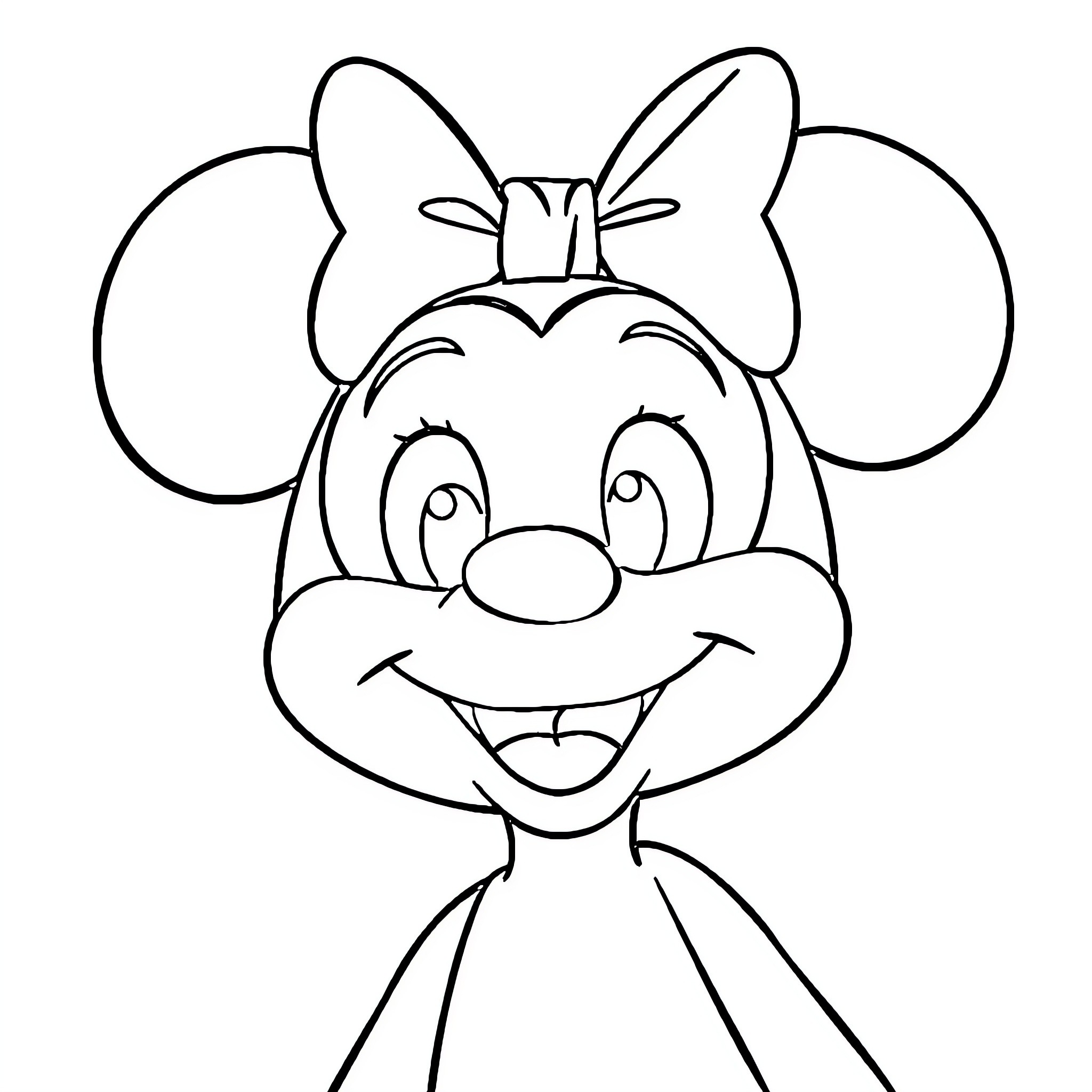 Disney Character with big ears and bow making a happy expression Coloring Page (free black-and-white line drawing printable PDF for all, from beginners to advanced learners, including children, teens, adults, and seniors)