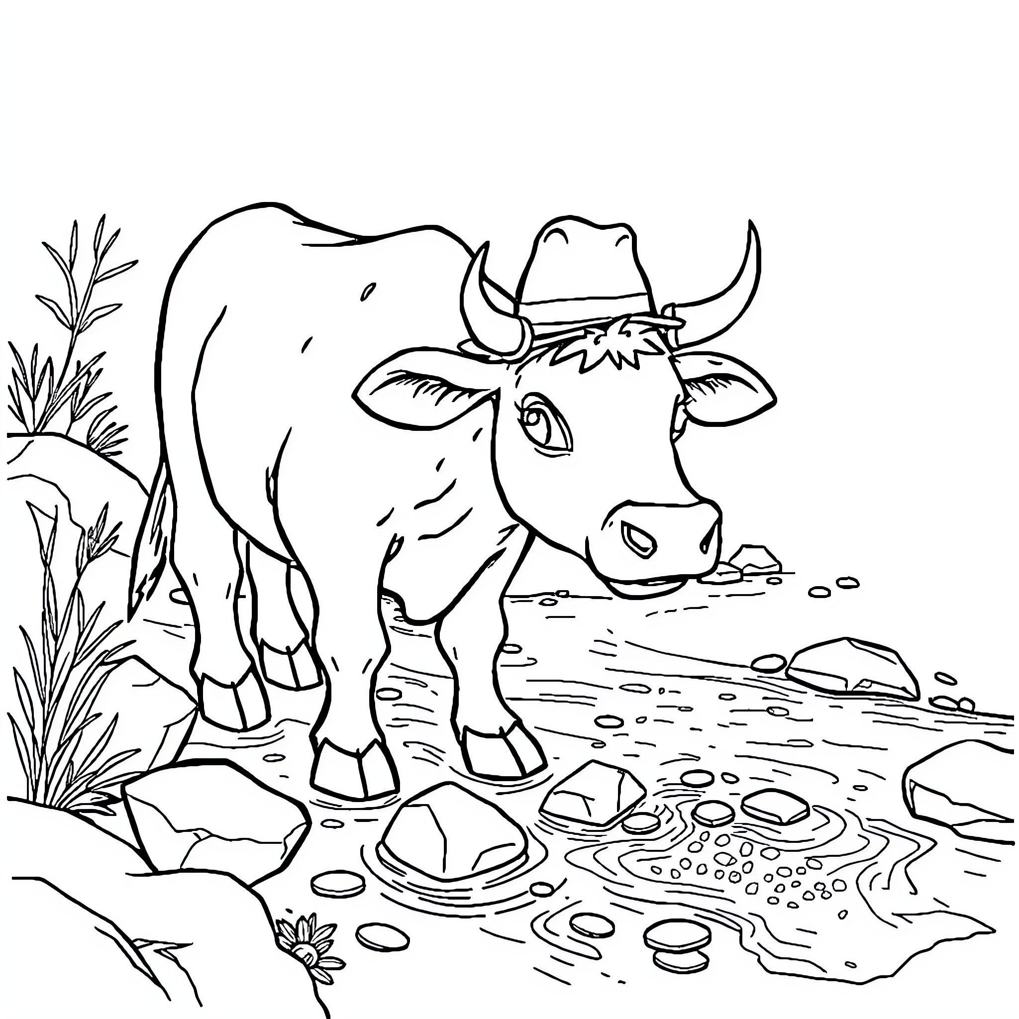 Cow wearing a cowboy hat in a rural setting Coloring Page (free black-and-white line drawing printable PDF for all, from beginners to advanced learners, including children, teens, adults, and seniors)