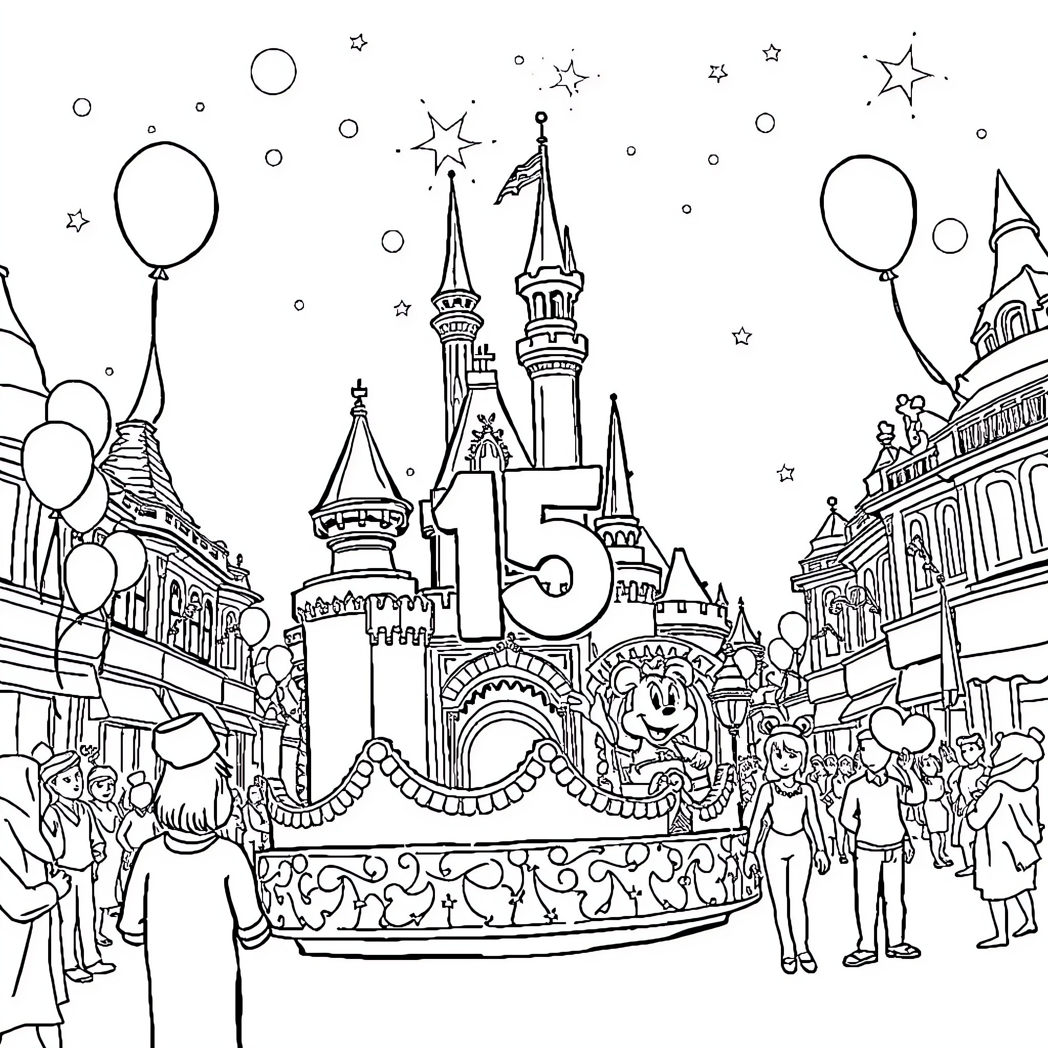Disneyland Paris Parade with Festive Decorations and Crowds Coloring Page (free black-and-white line drawing printable PDF for all, from beginners to advanced learners, including children, teens, adults, and seniors)