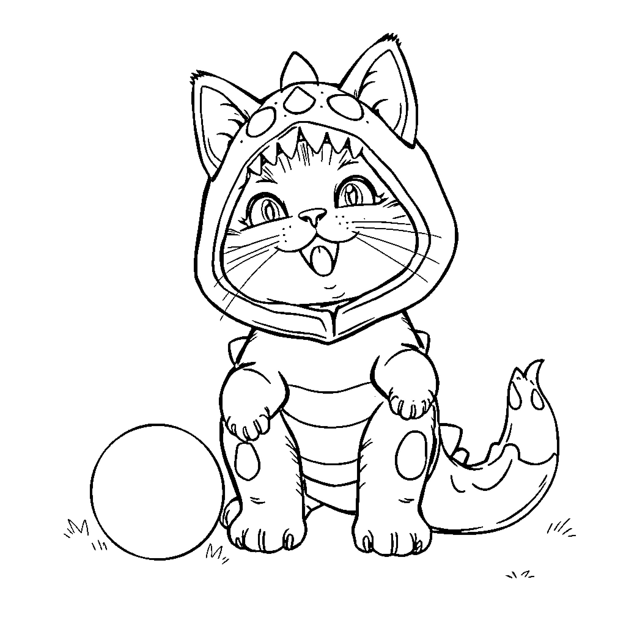 Cat in Monster Costume Coloring Page (free black-and-white line drawing printable PDF for all, from beginners to advanced learners, including children, teens, adults, and seniors)
