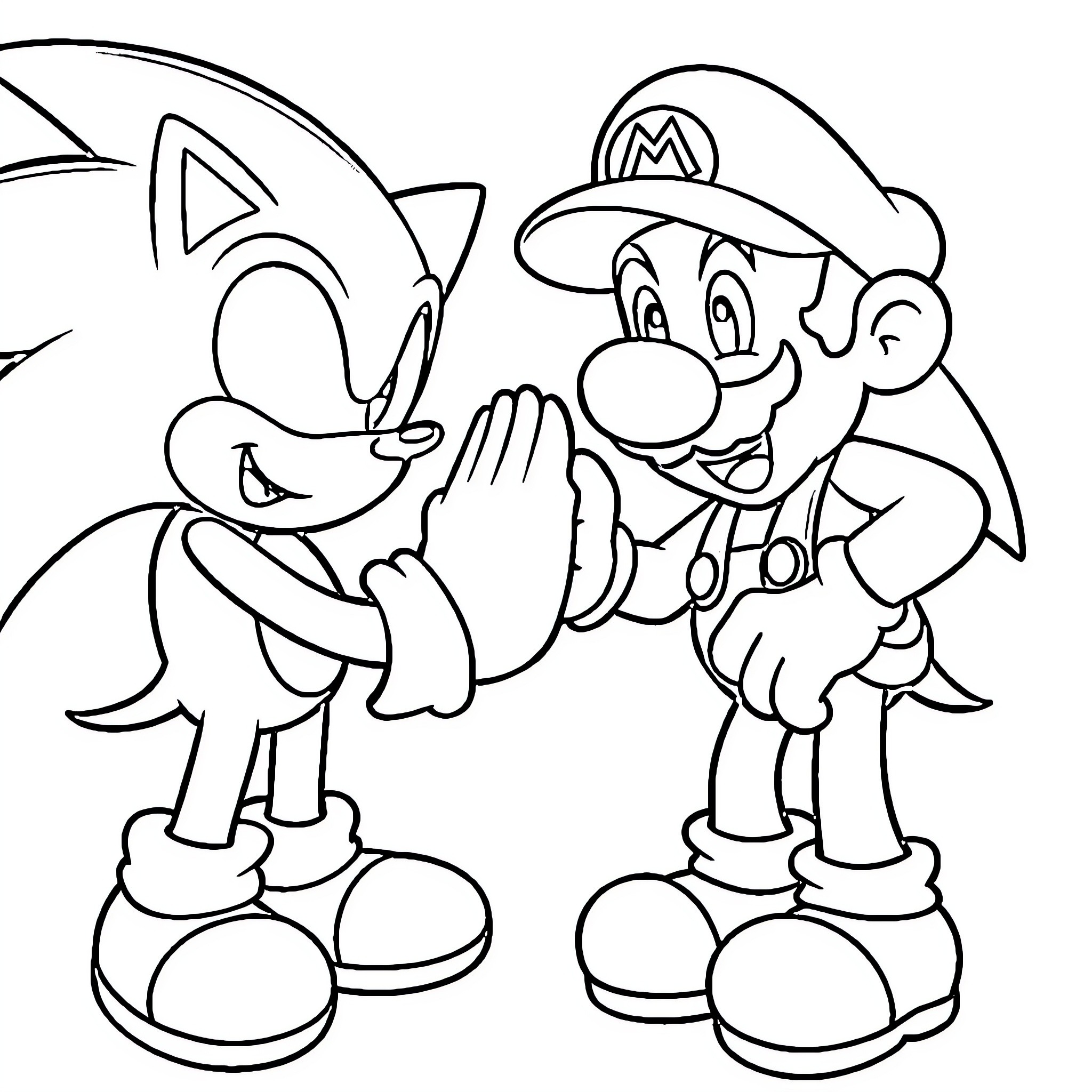Sonic and Mario in playful interaction Coloring Page (free black-and-white line drawing printable PDF for all, from beginners to advanced learners, including children, teens, adults, and seniors)