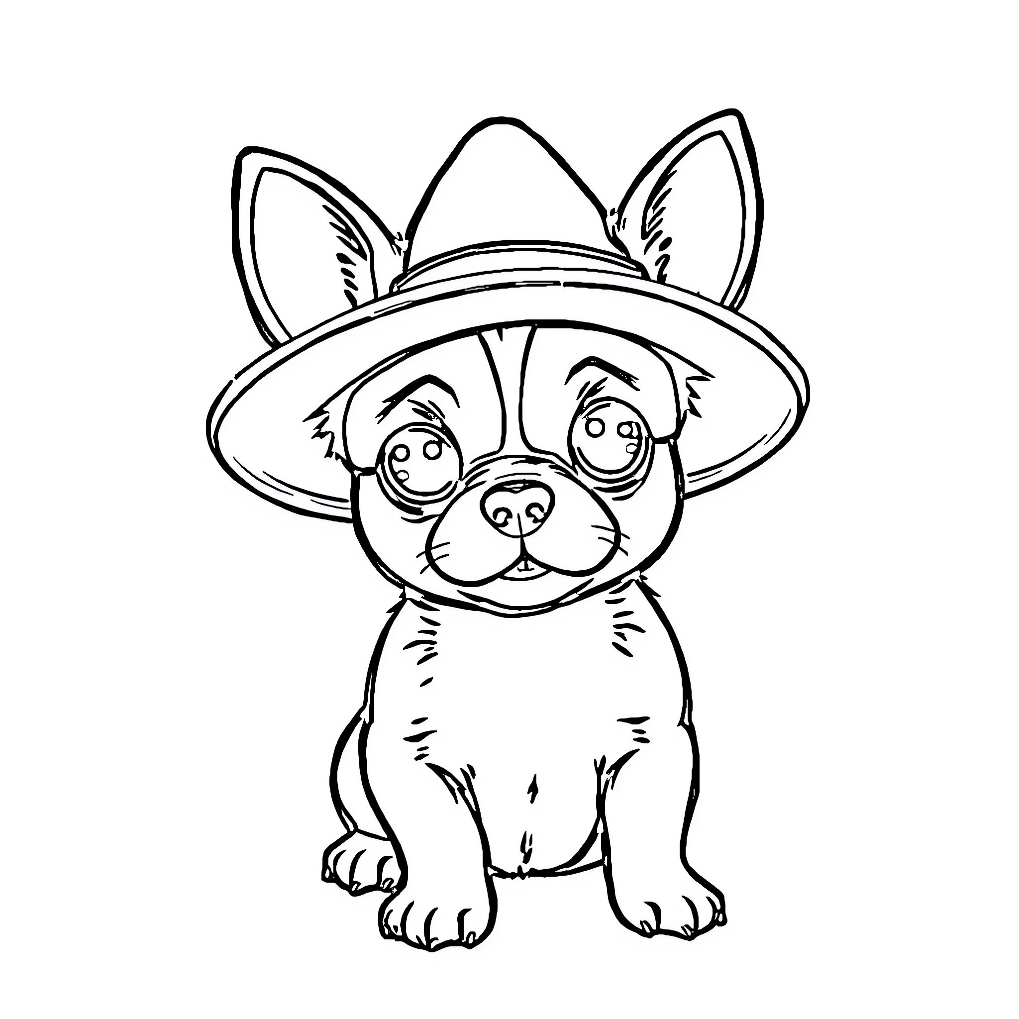 Dog wearing a sombrero and looking surprised Coloring Page (free black-and-white line drawing printable PDF for all, from beginners to advanced learners, including children, teens, adults, and seniors)