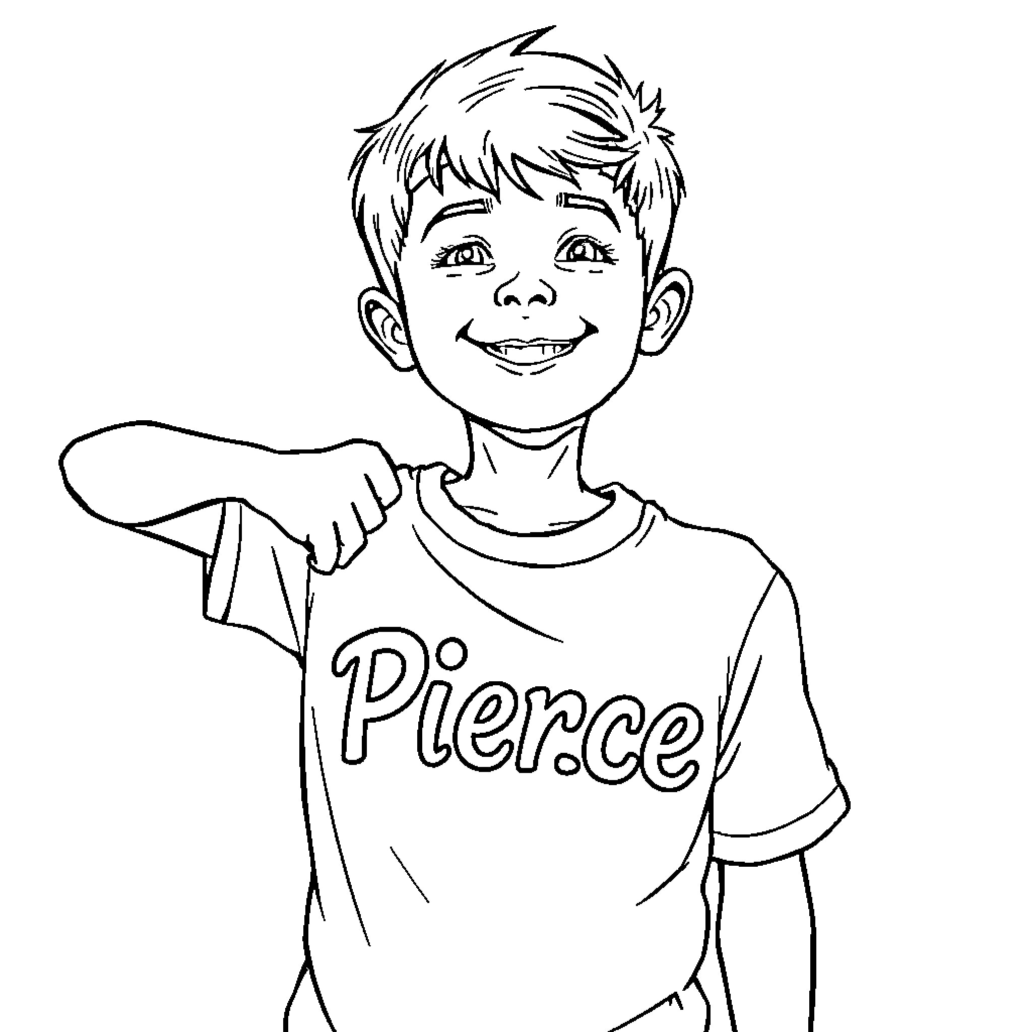Boy proudly wearing his Pierce jersey Coloring Page (free black-and-white line drawing printable PDF for all, from beginners to advanced learners, including children, teens, adults, and seniors)