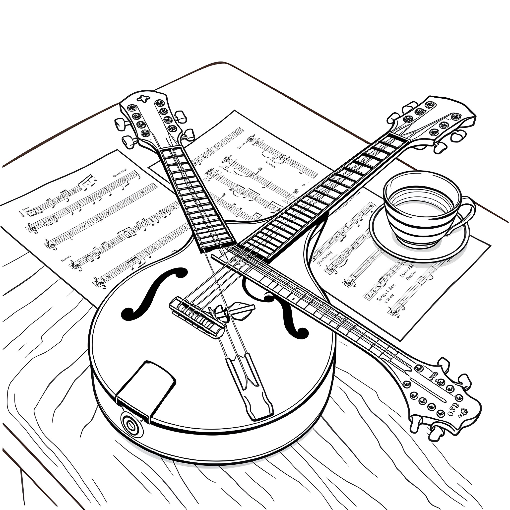 Mandoline music: Guitars, sheet music, and a cup of coffee Coloring Page (free black-and-white line drawing printable PDF for all, from beginners to advanced learners, including children, teens, adults, and seniors)