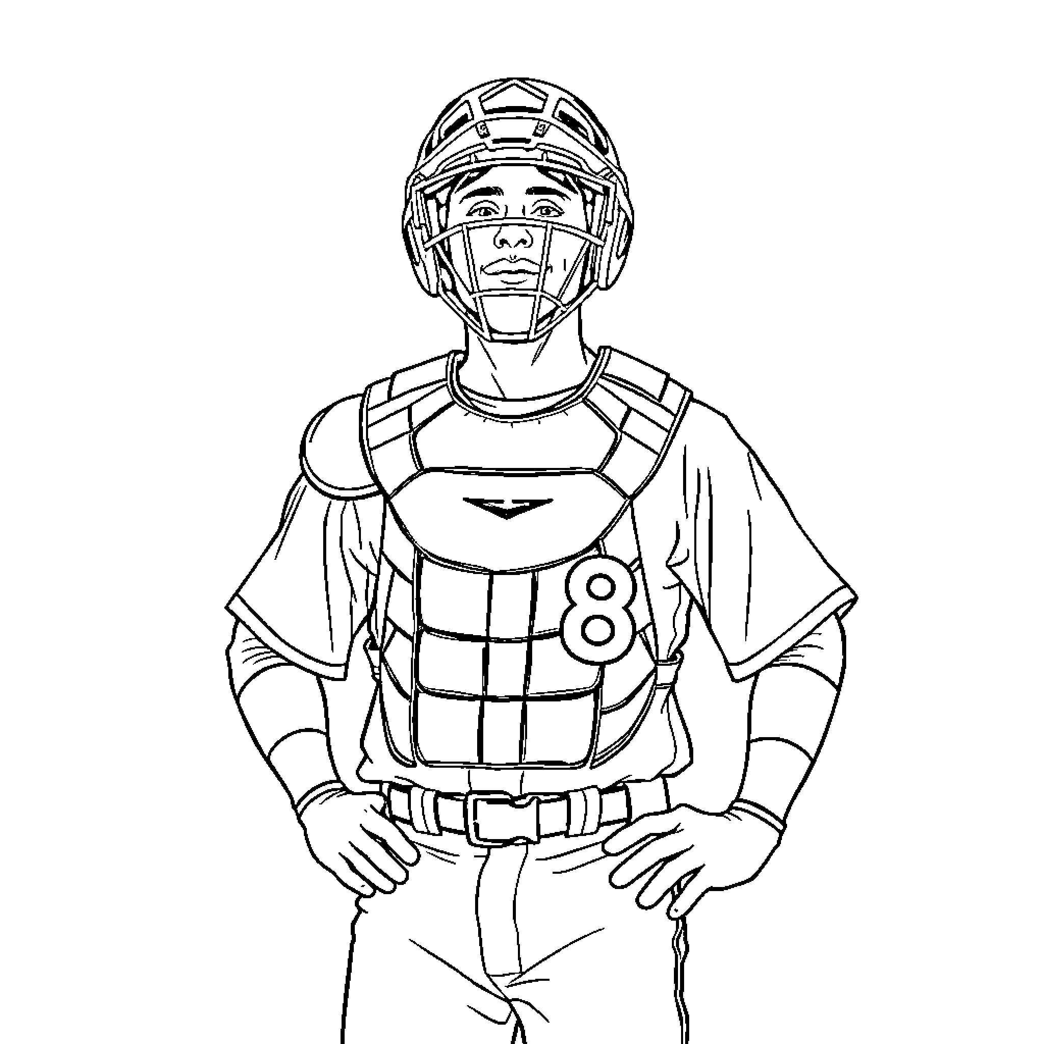 Catcher in Protective Gear on the Field Coloring Page (free black-and-white line drawing printable PDF for all, from beginners to advanced learners, including children, teens, adults, and seniors)