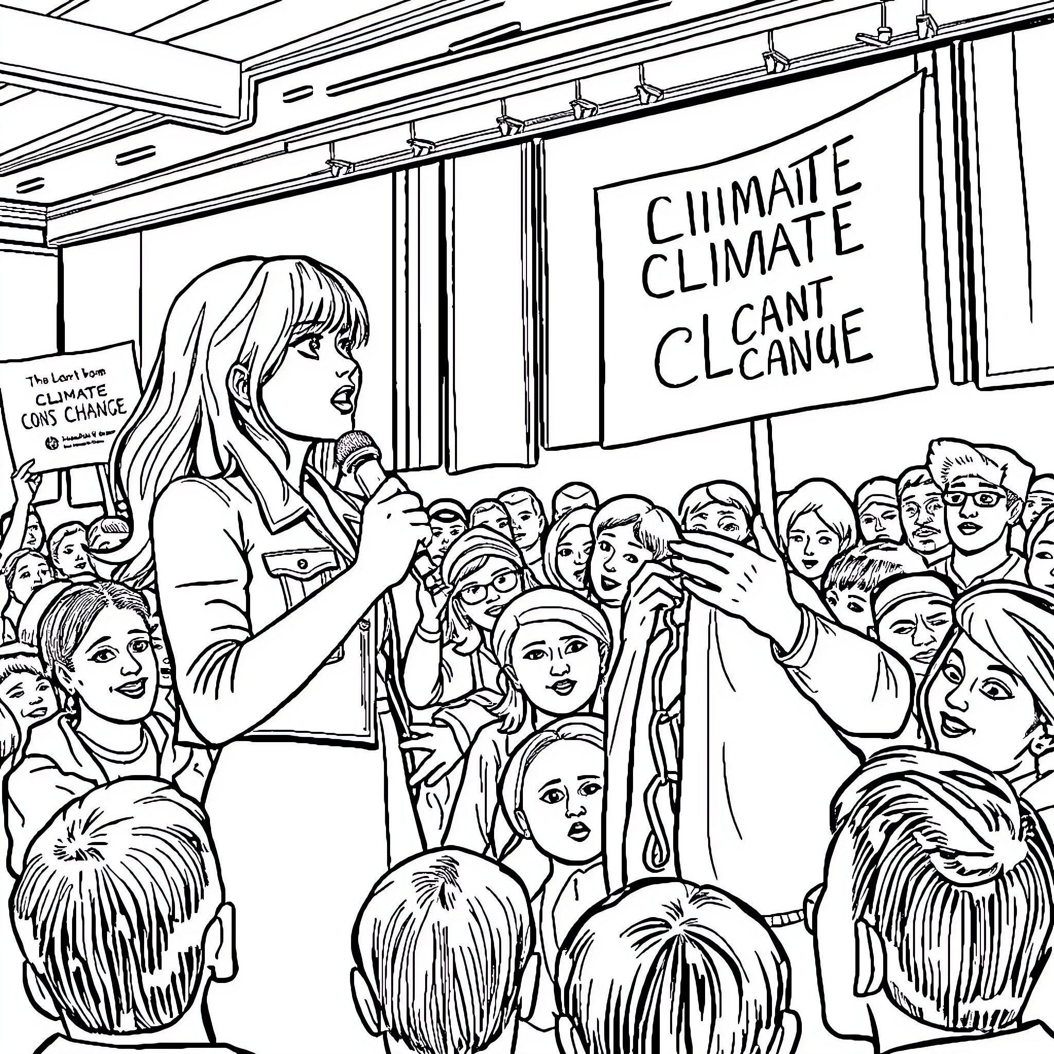 Bonnie Blue's Climate Protest Coloring Page (free black-and-white line drawing printable PDF for all, from beginners to advanced learners, including children, teens, adults, and seniors)