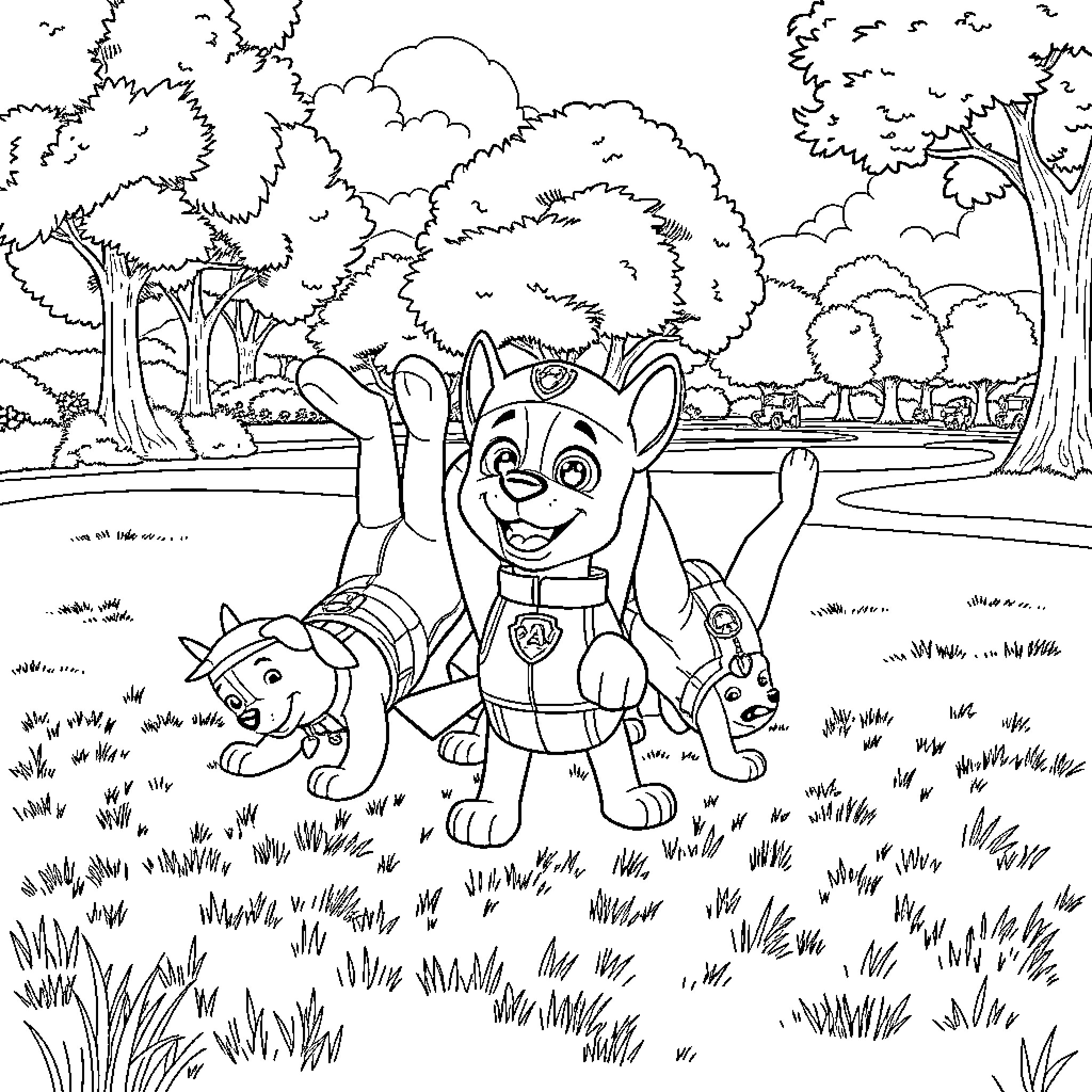 Paw Patrol characters in an outdoor adventure Coloring Page (free black-and-white line drawing printable PDF for all, from beginners to advanced learners, including children, teens, adults, and seniors)