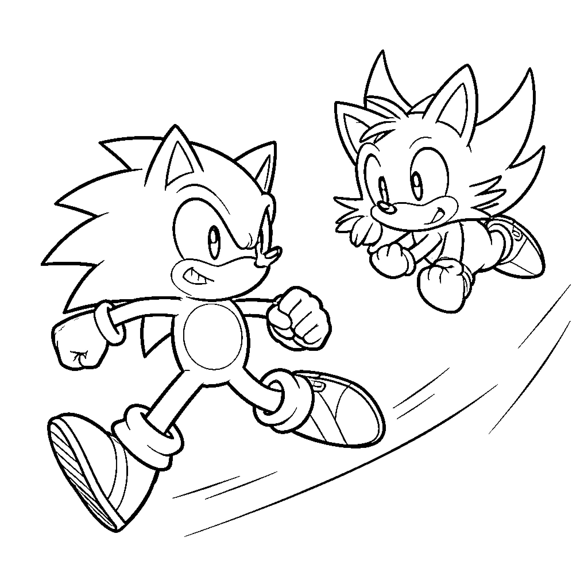 Sonic running fast with Tails flying beside him Coloring Page (free black-and-white line drawing printable PDF for all, from beginners to advanced learners, including children, teens, adults, and seniors)